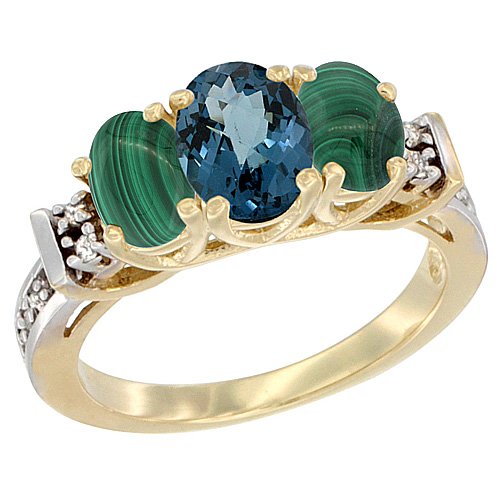 14K Yellow Gold Natural London Blue Topaz & Malachite Ring with 3-Stone Oval Diamond Accents - Elegant Jewelry for Women, Perfect for Weddings, Anniversaries & Special Occasions