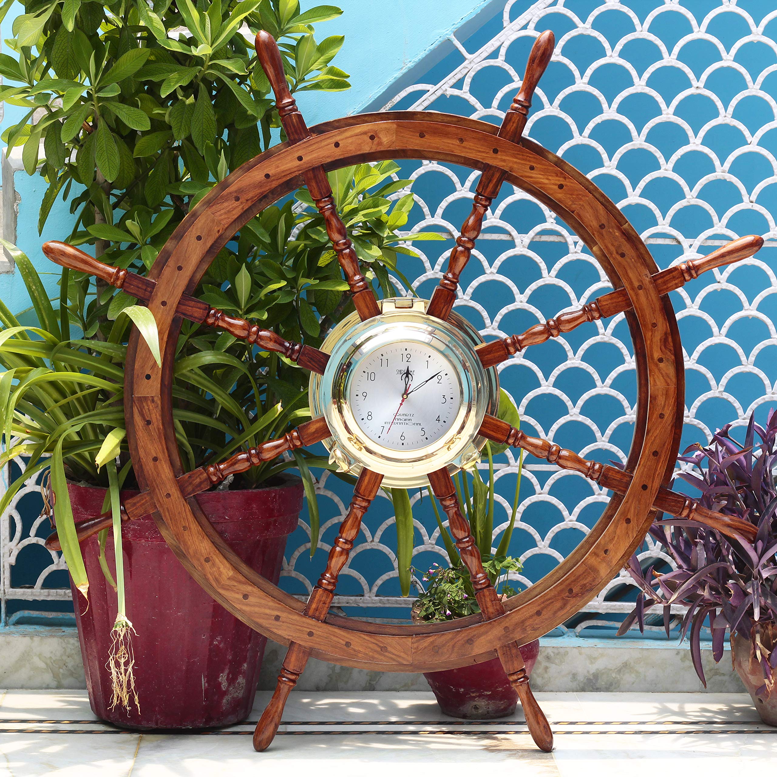 Pirate Style Nautical Wooden Ship Wheel - 36 Inch Teak Finish Maritime Decor for Beach House, Captain's Cabin & Coastal Home Decor | Perfect Gift for Sailors & Sea Lovers