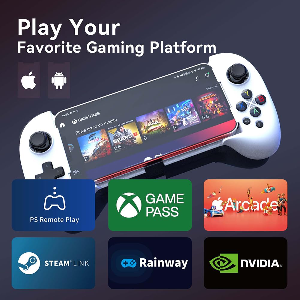 Wireless Mobile Game Controller for iPhone & Android - Adjustable Joystick & 4 Programmable Buttons | Compatible with PS Remote Play, Xbox Cloud Gaming, Steam Link & GeForce NOW | Ergonomic Design for Cloud Gaming & Mobile Esports (White) - Perfect for Gaming on the Go & Home Entertainment