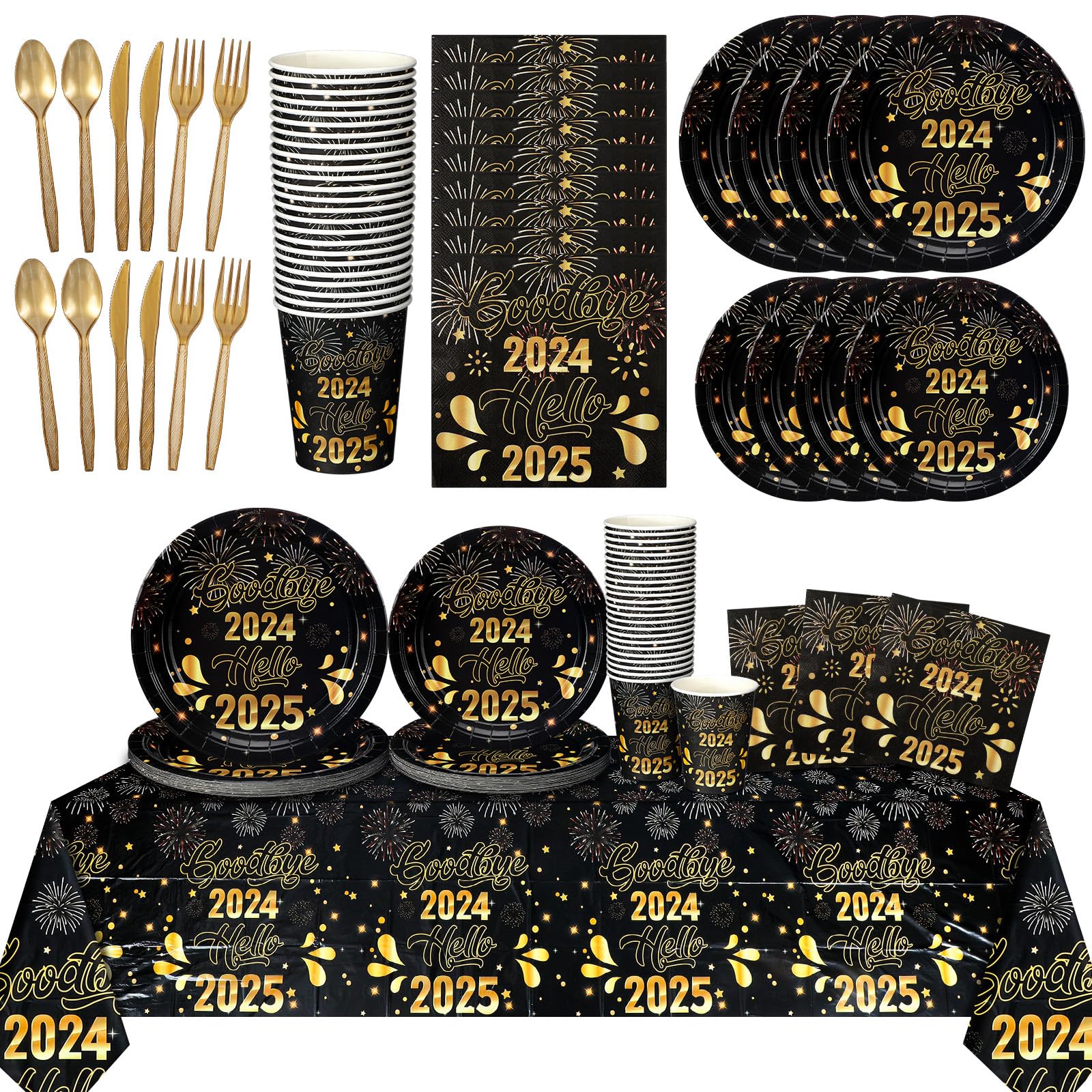 170 Pcs New Year's Eve Party Supplies 2025 - Disposable Tableware Set with Plates, Napkins, Cups, Cutlery & Decorations for NYE Celebration - Perfect for Countdown Parties, Family Gatherings & Office Events