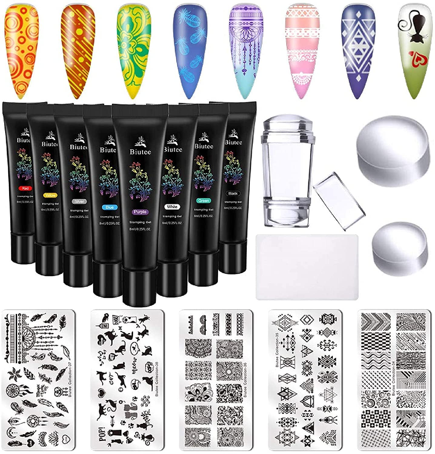 Biutee Professional Nail Stamp Kit - 8 Colors Gel Stamping Polish, 5 Nail Stamp Plates, Stamper & Scraper - Salon Quality Manicure Tools for DIY Nail Art at Home or Professional Use