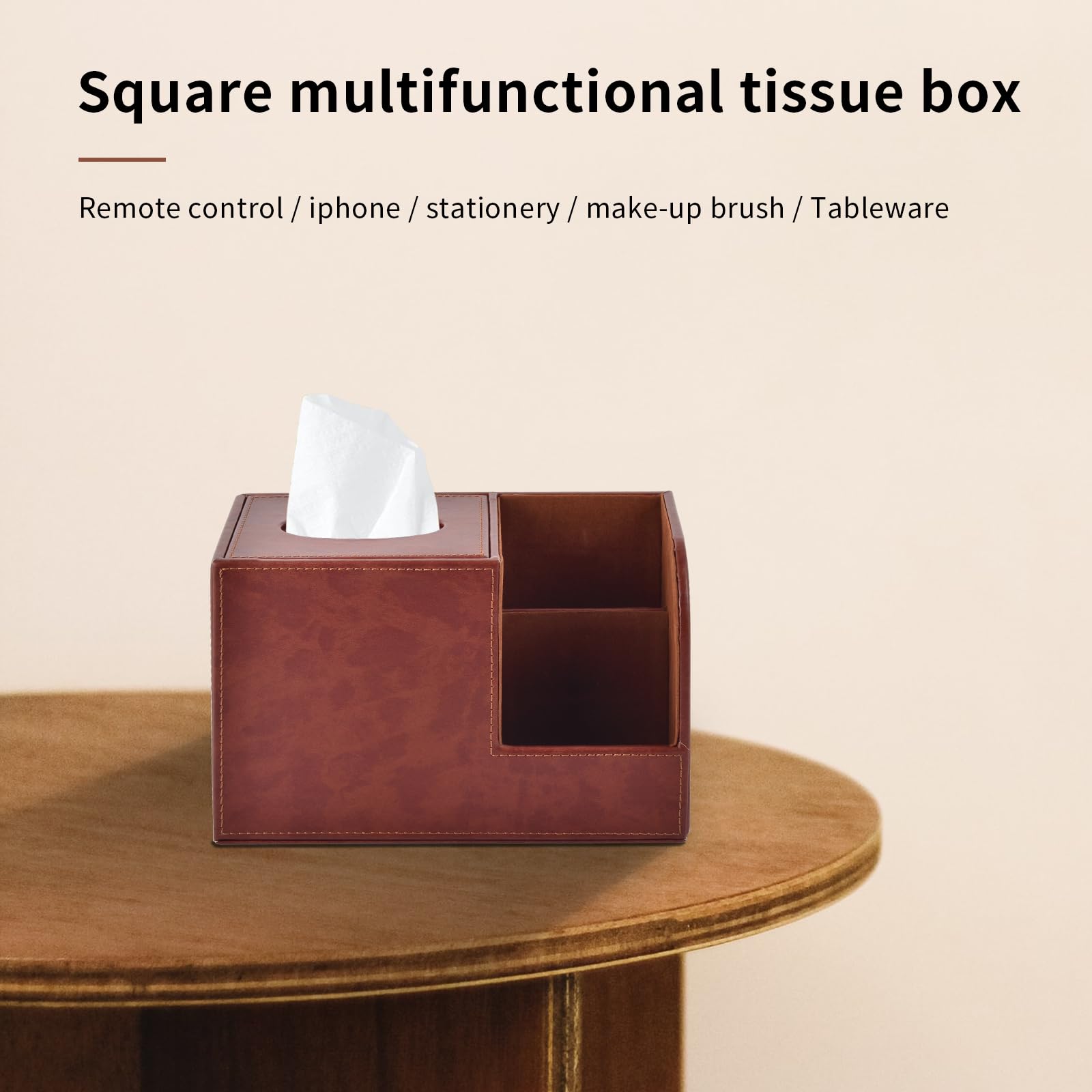 PU Leather Square Tissue Box Cover with Storage - Multifunctional Tissue Holder & Remote Control Organizer - Decorative Home & Office Desk Accessory (Brown) - Perfect for Living Room, Bedroom, and Workspace Organization