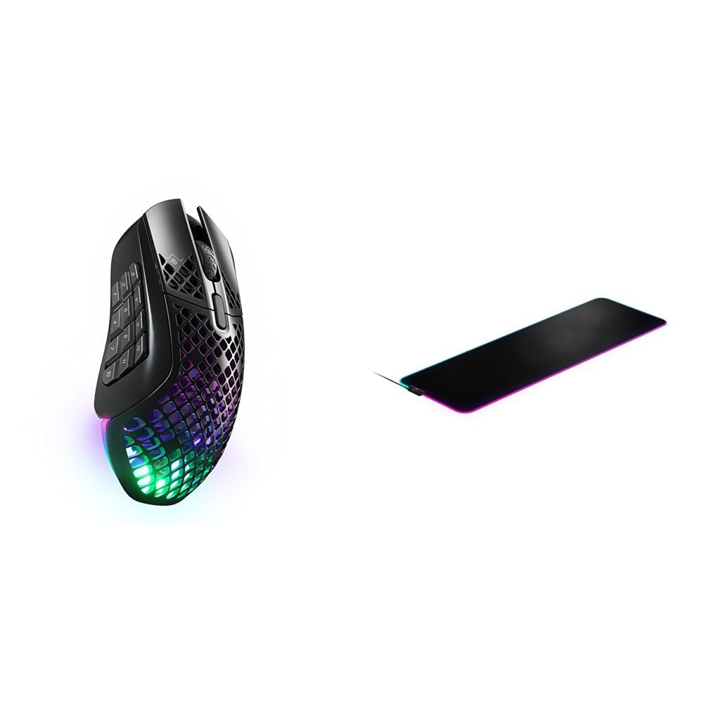 SteelSeries Aerox 9 Wireless Gaming Mouse - Ultra Lightweight for MMOs/MOBAs (89g) - 18 Programmable Buttons - Bluetooth/2.4GHz - Perfect for Competitive Gaming & Esports - QcK Prism Cloth XL Gaming Mouse Pad (XL Size) - Ideal for PC & Laptop Gaming Setups