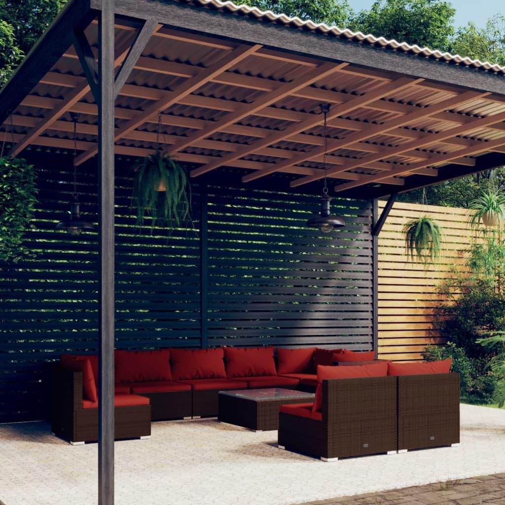 vidaXL 10-Piece Patio Lounge Set - Durable Lightweight Poly Rattan Outdoor Furniture with Cushions in Brown & Cinnamon Red - Perfect for Backyard, Poolside & Garden Relaxation