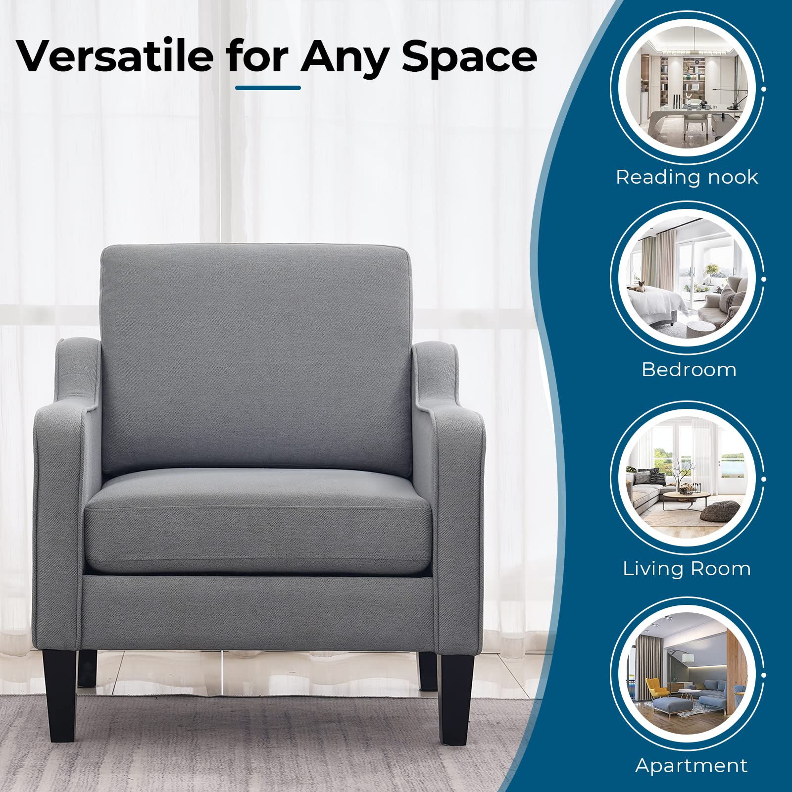 VINGLI Mid Century Modern Accent Chair - Grey Upholstered Armchair for Living Room, Bedroom & Small Spaces - Comfy Reading Chair & Sofa Chair - Perfect for Relaxing, Reading & Home Decor