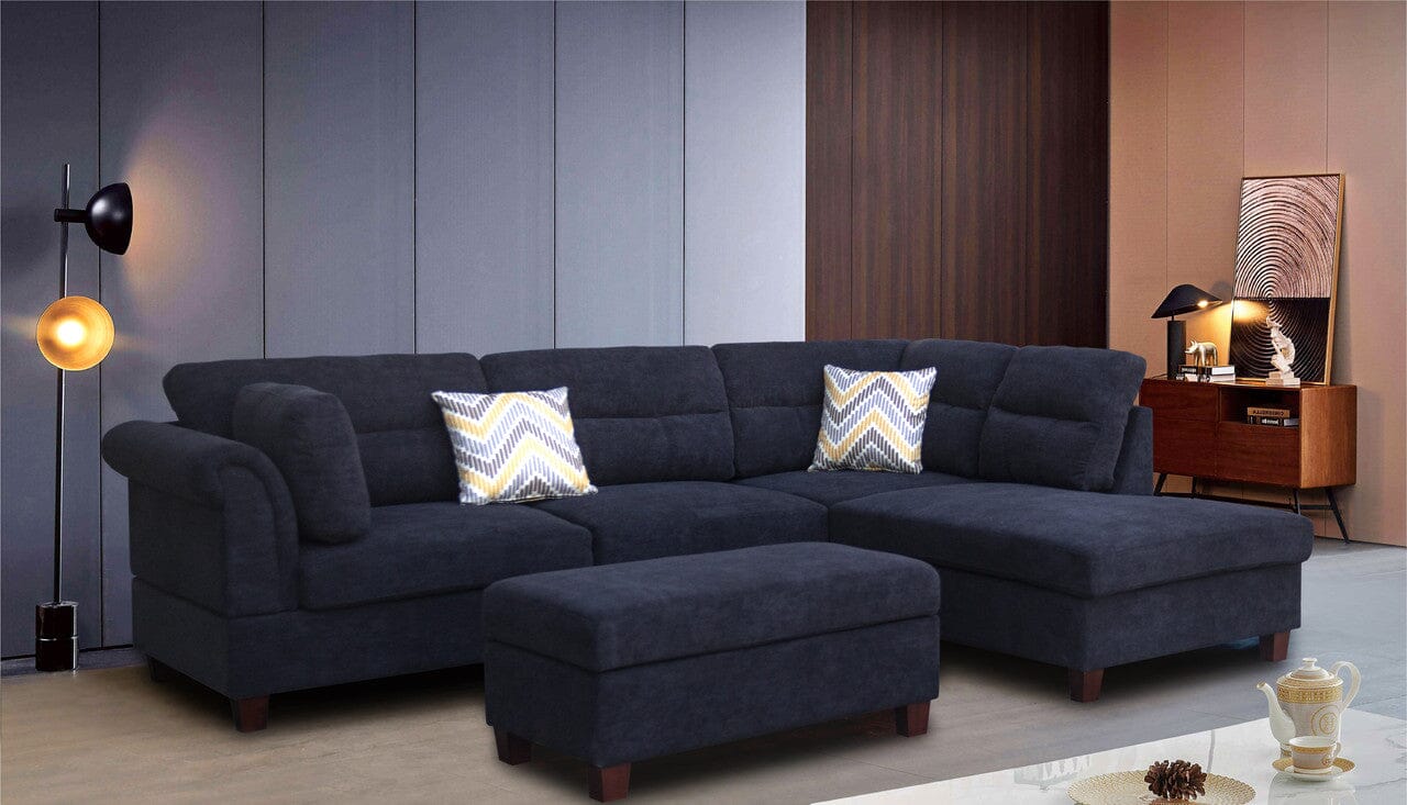 Diego Black Fabric Sectional Sofa with Right Facing Chaise, Storage Ottoman & 2 Accent Pillows - Modern Living Room Furniture for Small Spaces, Apartment & Family Home Comfort