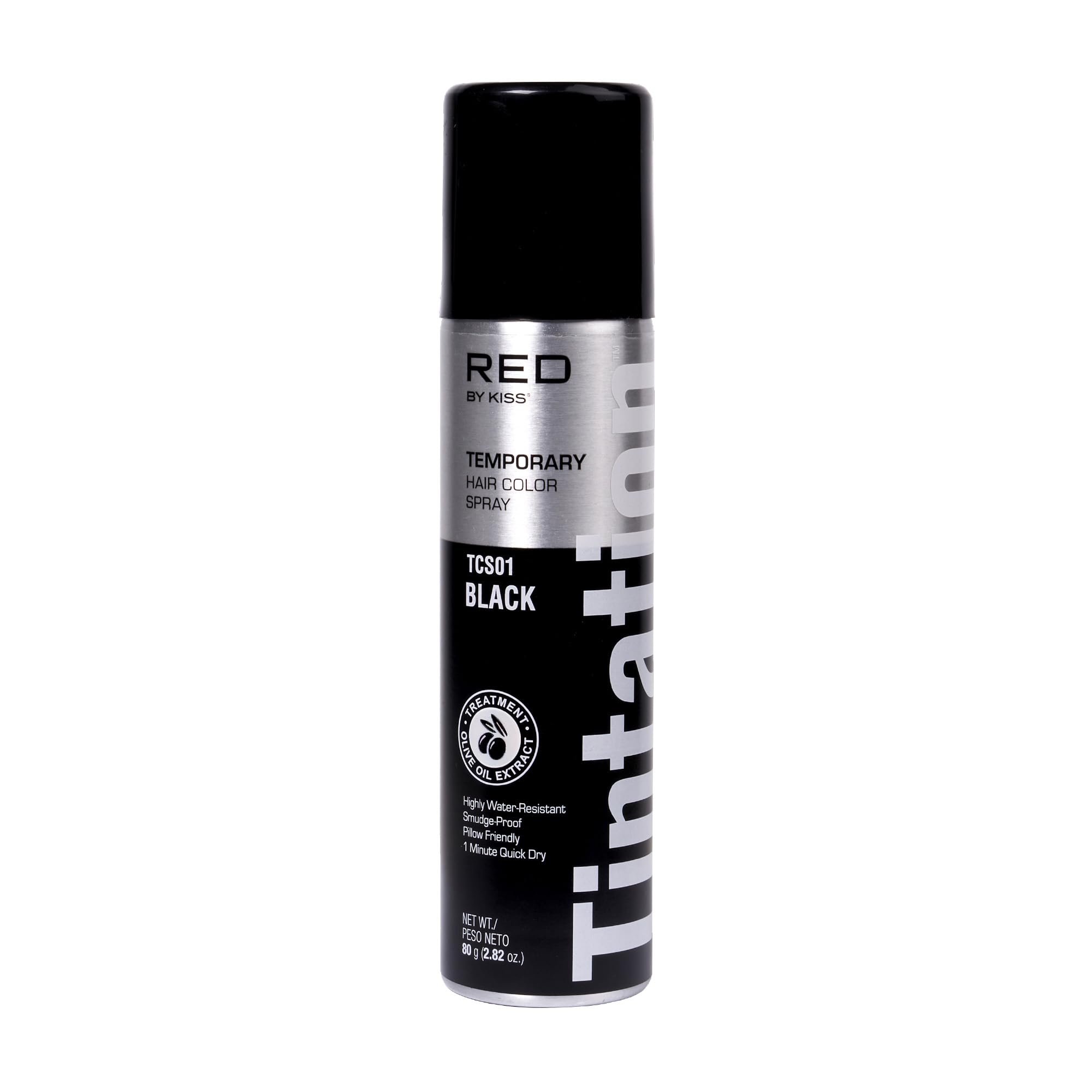 Red by Kiss Tintation Temporary Hair Color Spray - Instant Gray Root Touch Up for Men & Women, Water-Resistant & Smudge-Proof Formula, Quick-Dry & Easy Wash Out - Perfect for Root Coverage, Hairline Touch-Ups & Barber Styling (Black, 2.82 oz) - Great for Parties, Cosplay & Daily Hair Maintenance