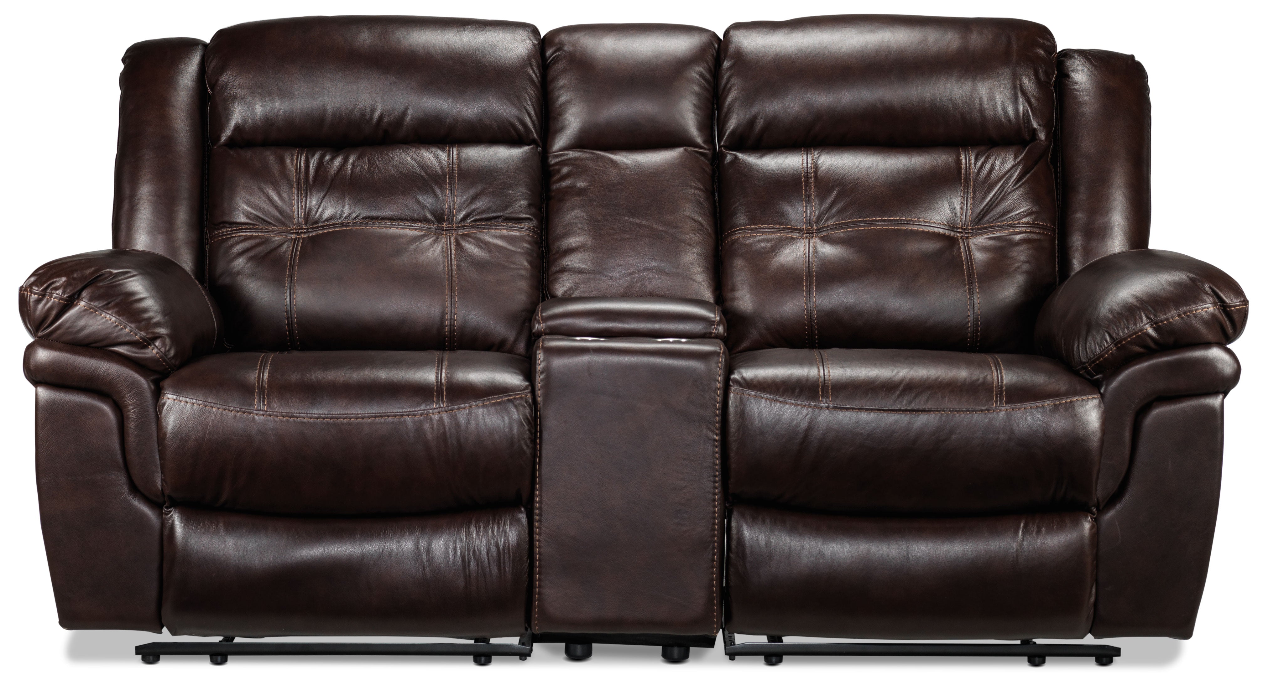 Premium Cooper Leather Reclining Loveseat with Console - Soft Brown Genuine Leather - Modern Living Room Furniture for Small Spaces - Perfect for Couples Movie Nights & Cozy Reading Nook