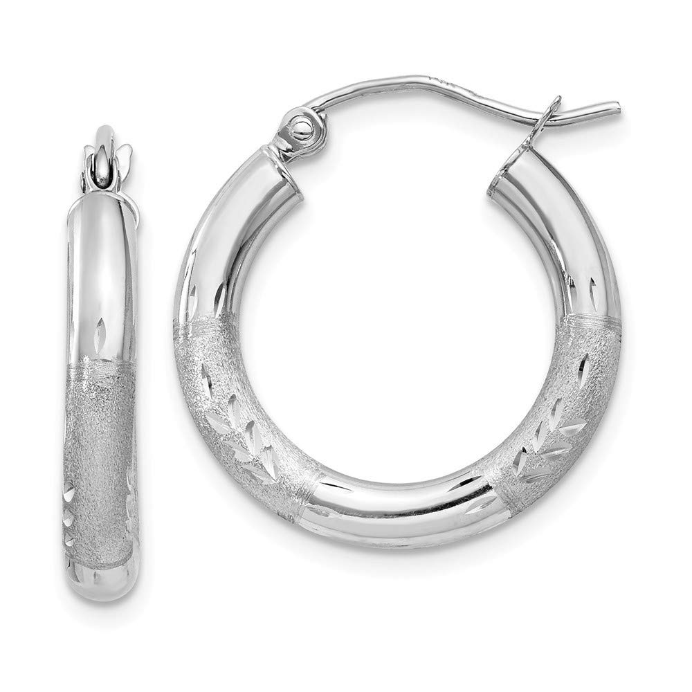 10K White Gold Hollow Hinged Post Round Hoop Earrings - 3mm Sparkle Cut, 15x20mm Size, Polished & Satin Finish - Elegant Jewelry Gifts for Women, Perfect for Weddings, Parties & Everyday Wear