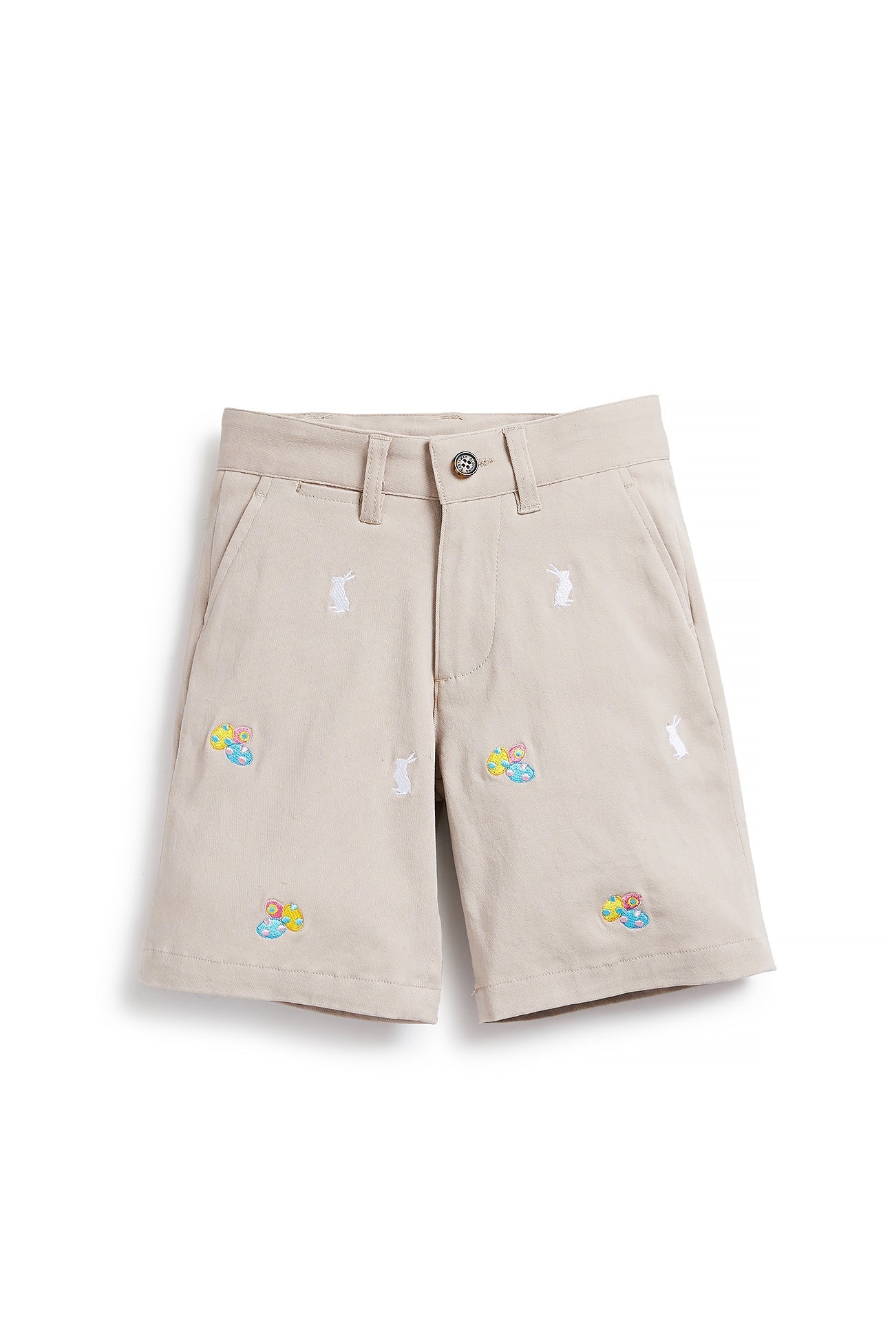Jetties Stretch Twill Shorts for Women - Comfortable Stone Color with Easter Egg & Bunny Print - Perfect for Spring Outfits and Casual Wear