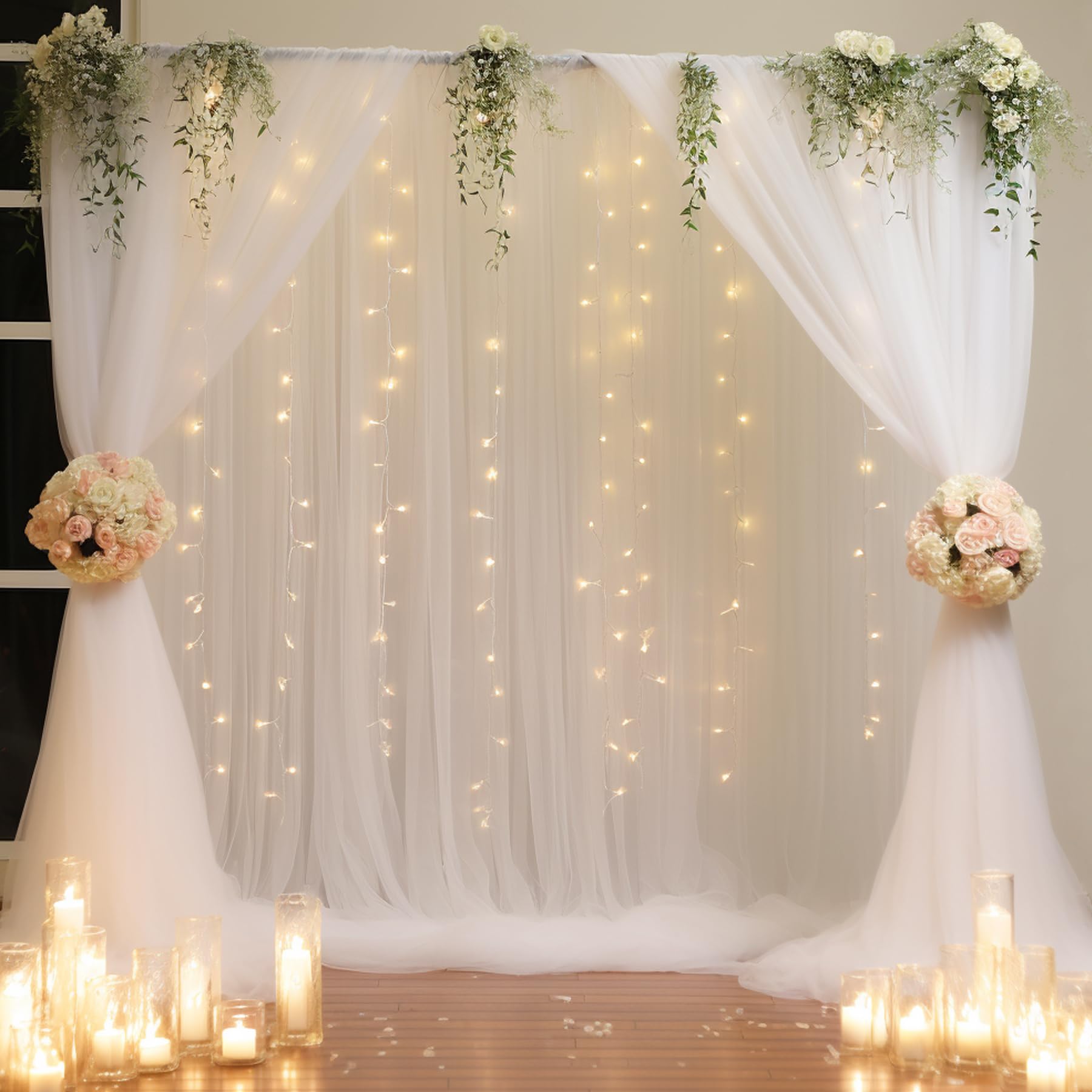 20x10ft White Tulle Backdrop Curtain with Fairy Lights - Sheer Wedding Photo Backdrop for Ceremony, Reception, Bridal Shower, Baby Shower & Birthday Party Decorations - Perfect for Indoor/Outdoor Events & Photography