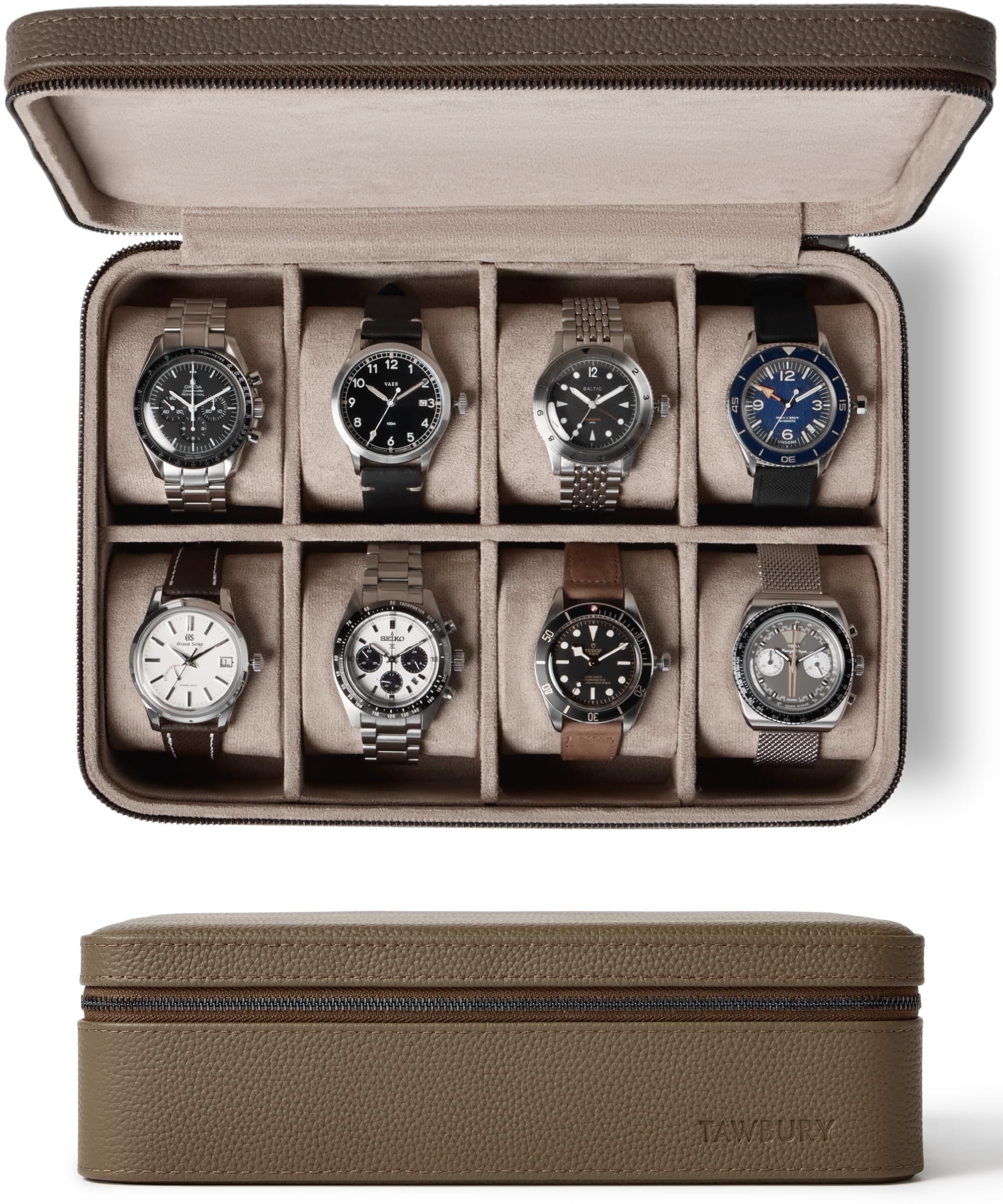 TAWBURY 8 Slot Luxury Watch Case - Genuine Leather Watch Box with Plush Microsuede Interior & M-Shaped Pillows for 8 Watches | Portable Watch Storage Organizer for Travel, Home Display & Gift (Taupe)