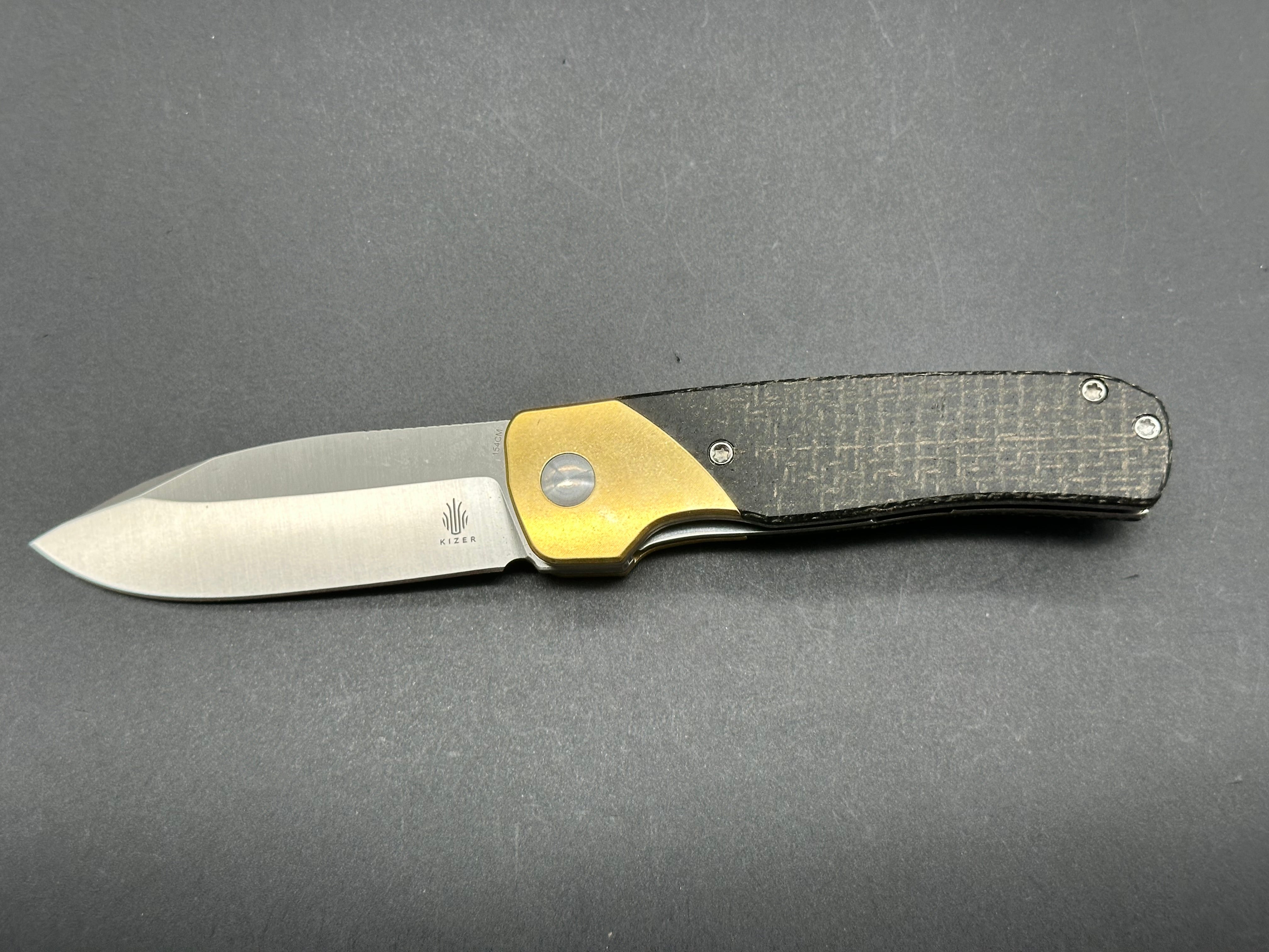KIZER GAVEL Pocket Knife - 154CM Stainless Steel Blade, Brass/Micarta Handle, Liner Lock Design V3661C1 - EDC Folding Knife for Outdoor, Camping & Everyday Carry