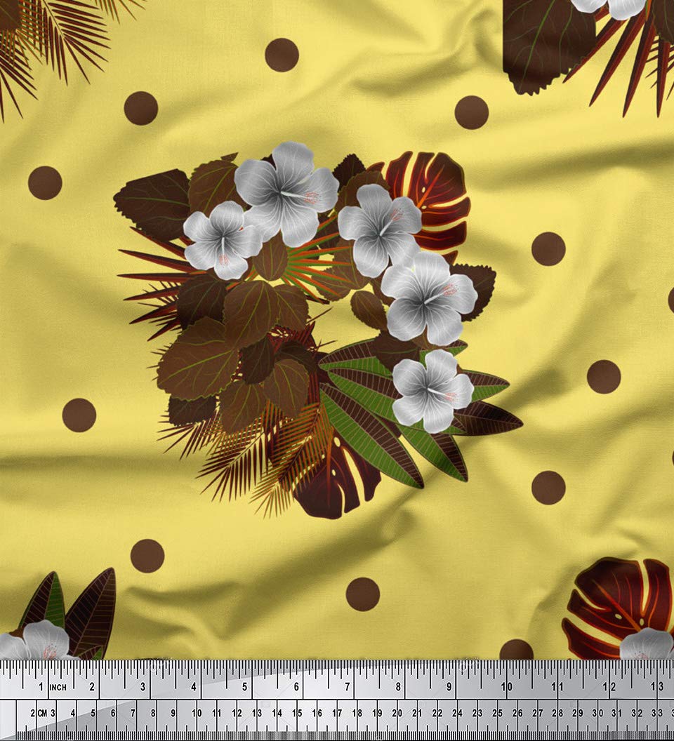 Soimoi Moss Georgette Yellow Fabric by The Yard - 42 Inch Wide Floral Printed Fabric with Dot & Leaves Pattern - Lightweight Chiffon Material for Dresses, Scarves, DIY Crafts & Home Decor Projects