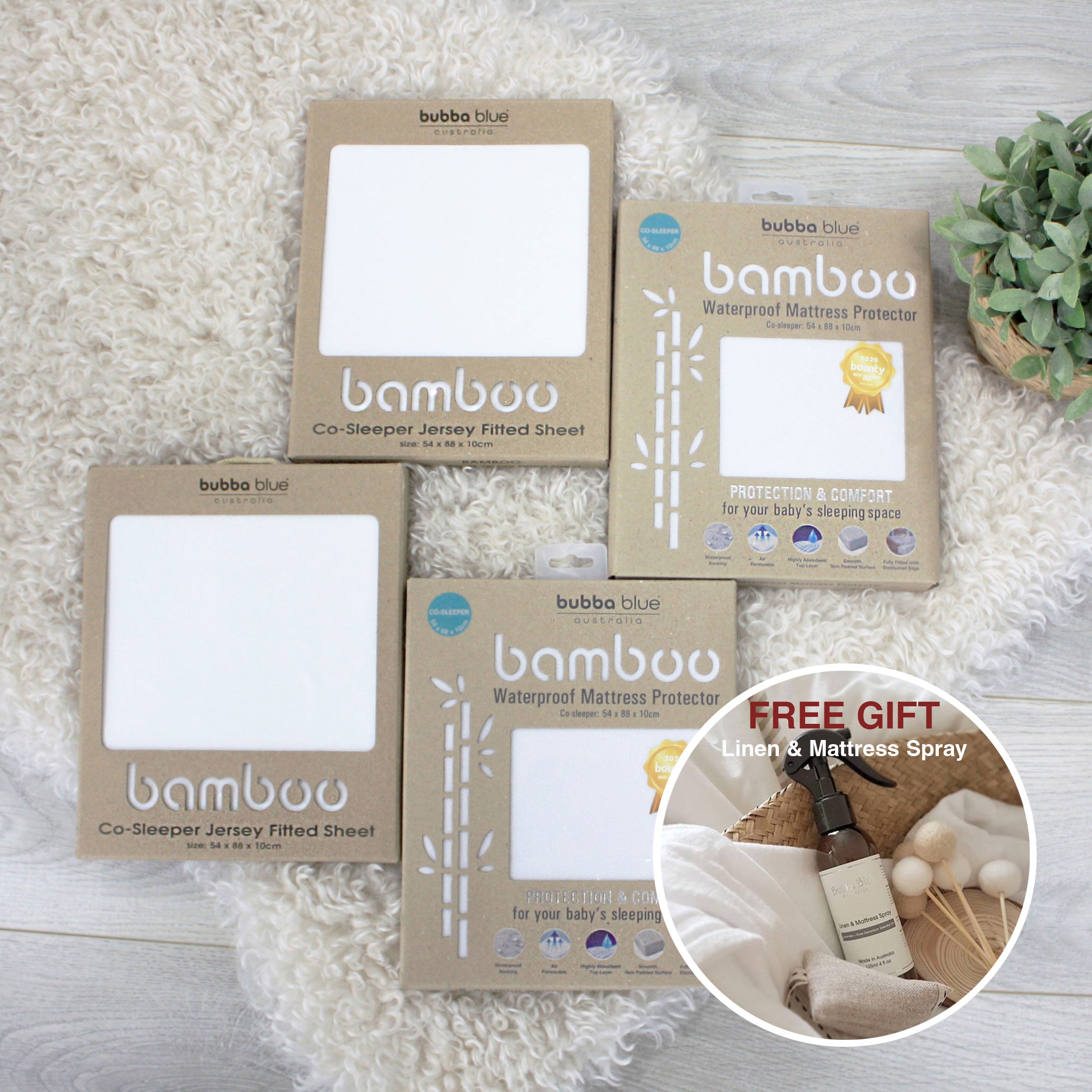 Bamboo White Co Baby Bedside Sleeper Crib - 2 Pack Fitted Sheets & 2 Mattress Protectors with Free Organic Linen Spray | Portable Bassinet for Newborns, Nursery & Travel | Hypoallergenic & Breathable Bedding Set