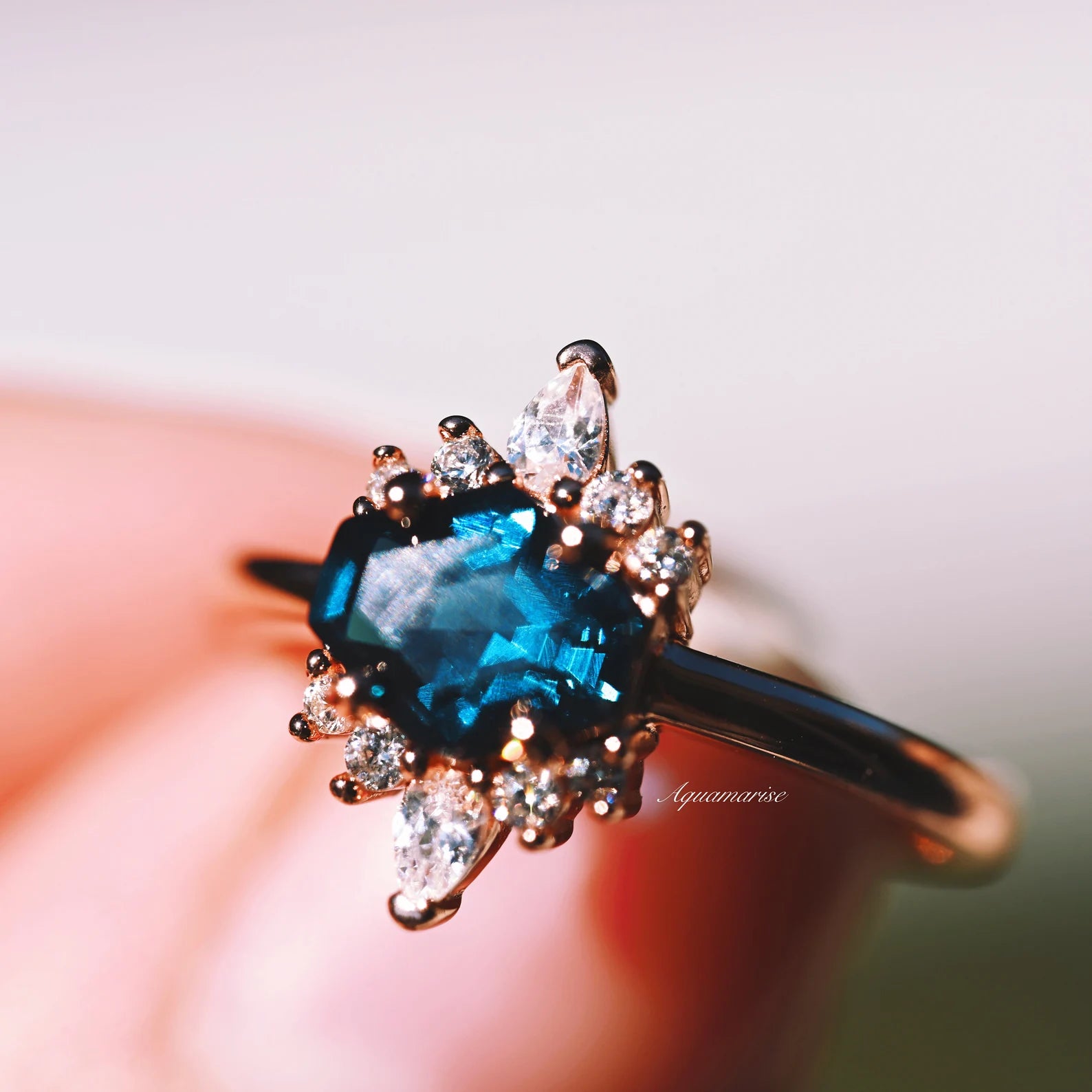 Hexagon London Blue Topaz Ring - 14K Rose Gold Vermeil Engagement Ring for Women, Elegant Wedding & Anniversary Jewelry Gift