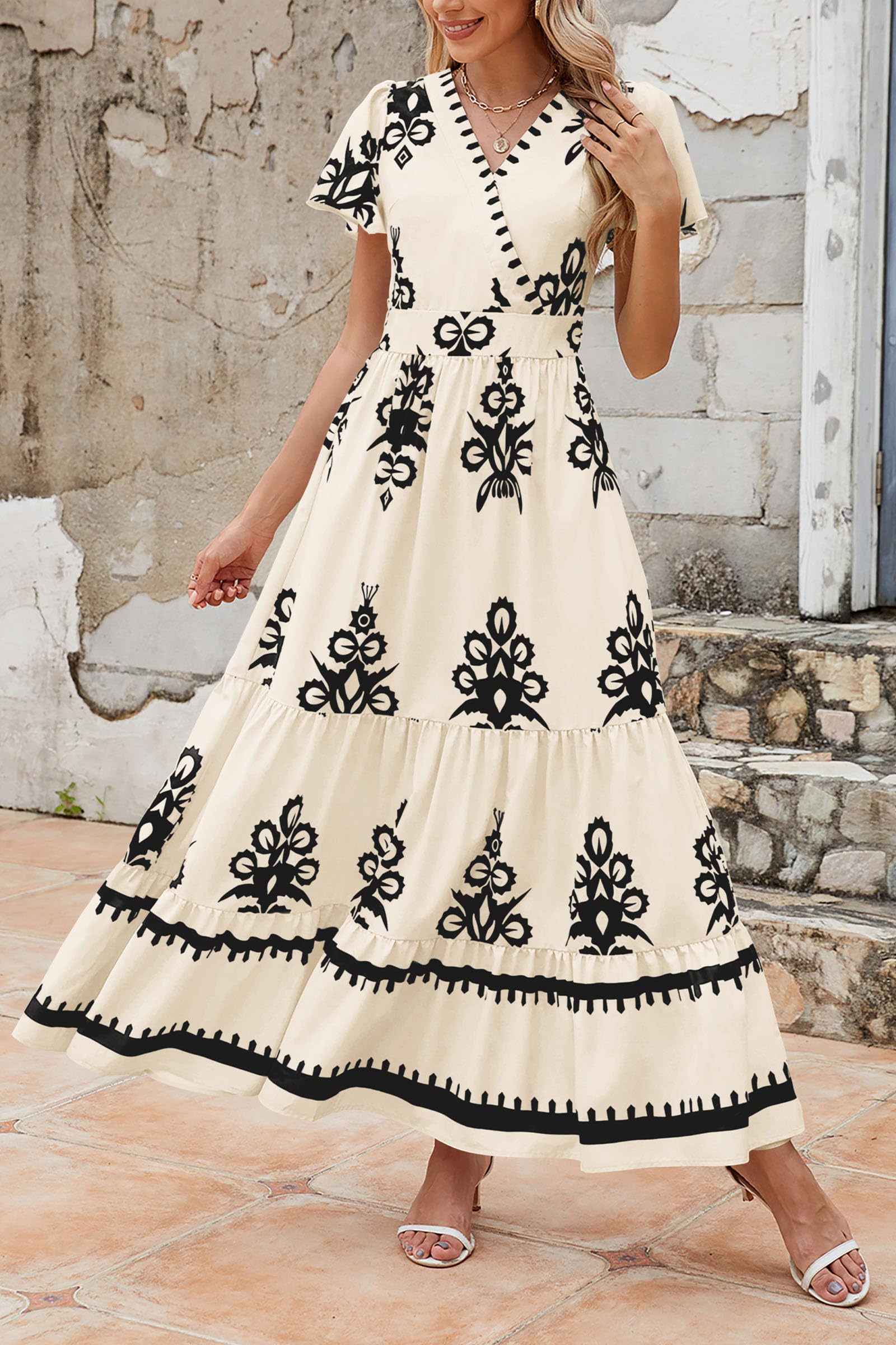 PRETTYGARDEN Women's 2025 Summer Boho Floral Maxi Dress - V Neck, Flowy A-Line, Bell Sleeve, Tiered Design with Pockets | Perfect for Beach Vacations, Music Festivals & Summer Parties