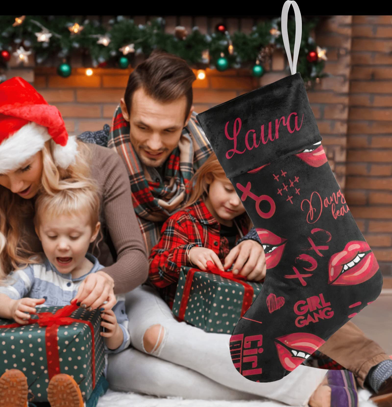 Personalized Christmas Stockings with Kiss Lips & Hearts Design - Custom Name Holiday Socks for Family Party Decor (17.52 x 7.87 Inch) - Perfect for Fireplace Mantel, Gift Exchange & Festive Home Decor