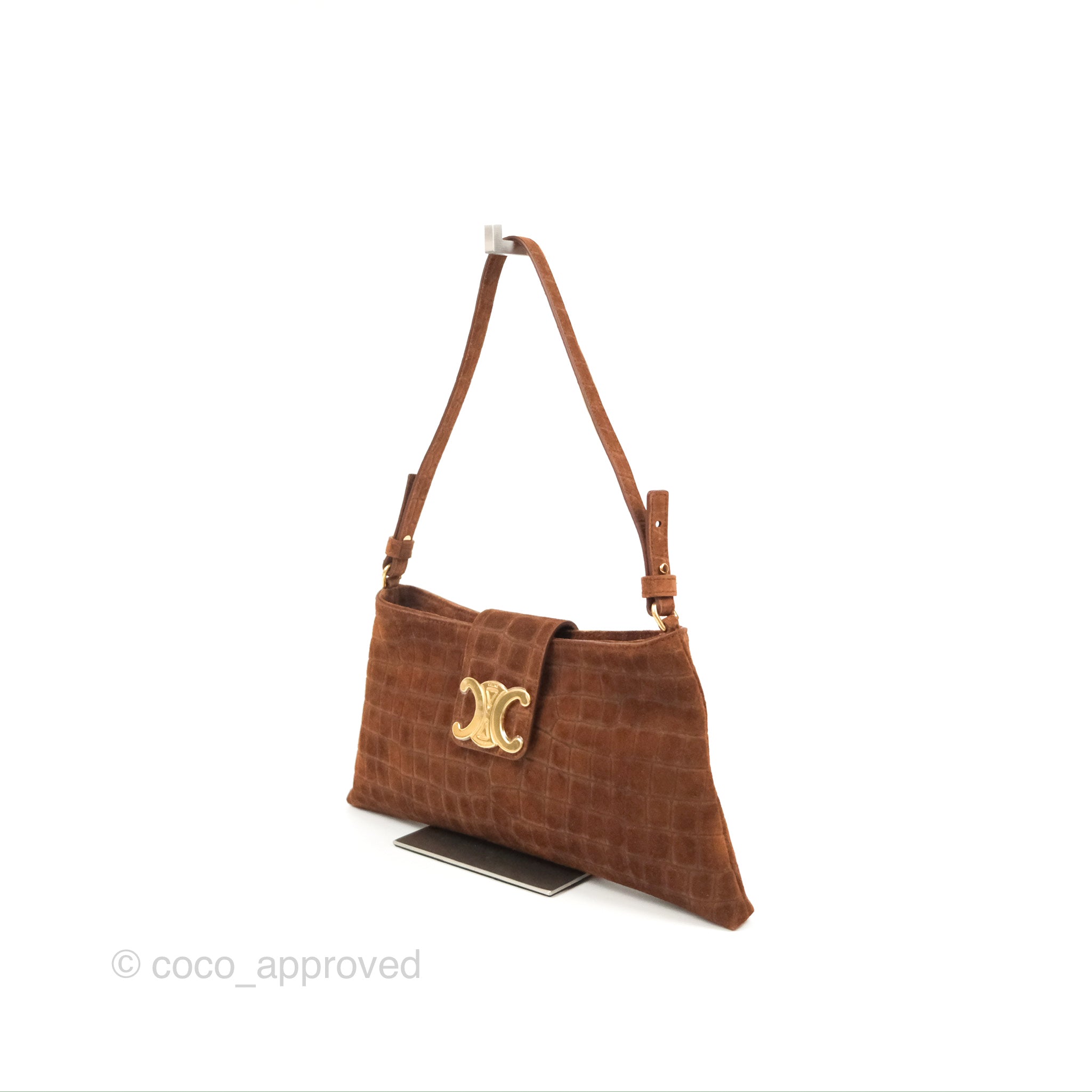 Celine Wiltern Clutch Triomphe Soft Crocodile Embossed Suede Calfskin Brown Handbag - Luxury Women's Evening Bag for Parties, Dinner Dates & Special Occasions