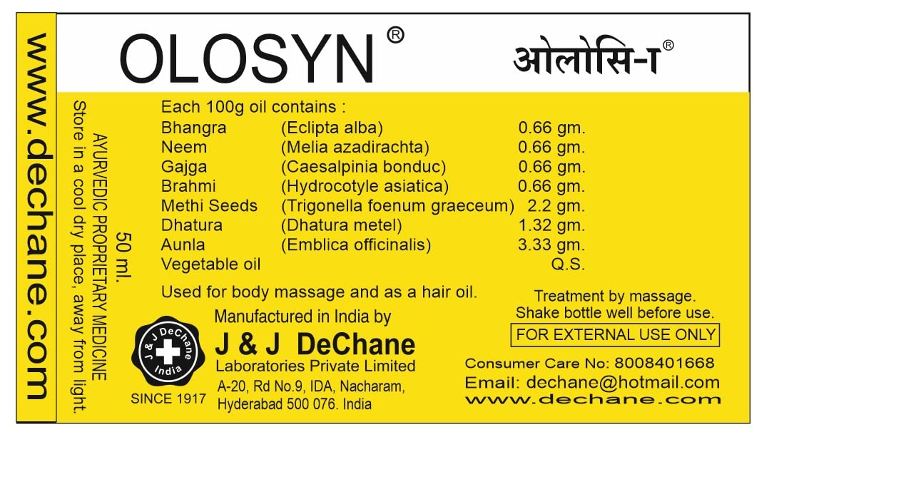 J & J DeChane - Olosyn 50ML Ayurvedic Hair Oil for Hair Growth & Scalp Care | Natural Herbal Treatment for Dry, Damaged Hair | Promotes Thickness & Shine - Perfect for Daily Hair Care Routine