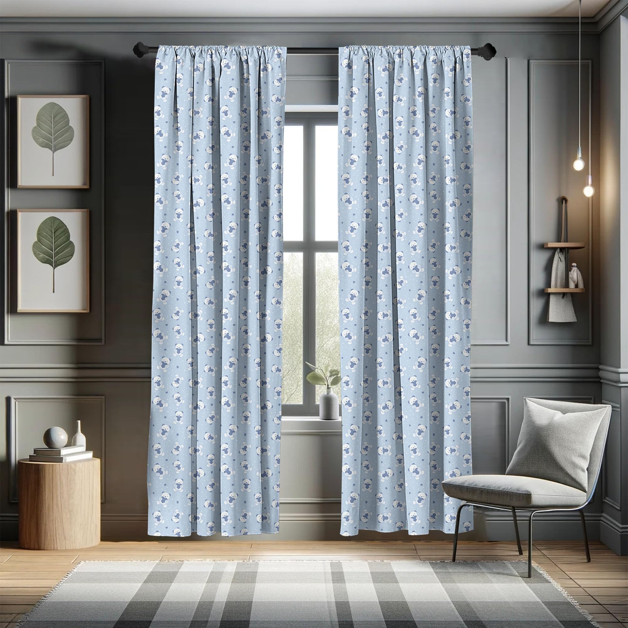 Ambesonne Cartoon Teddy Bears Blue Backdrop Holding Hearts Theme - 2 Panel Window Curtains Set 28