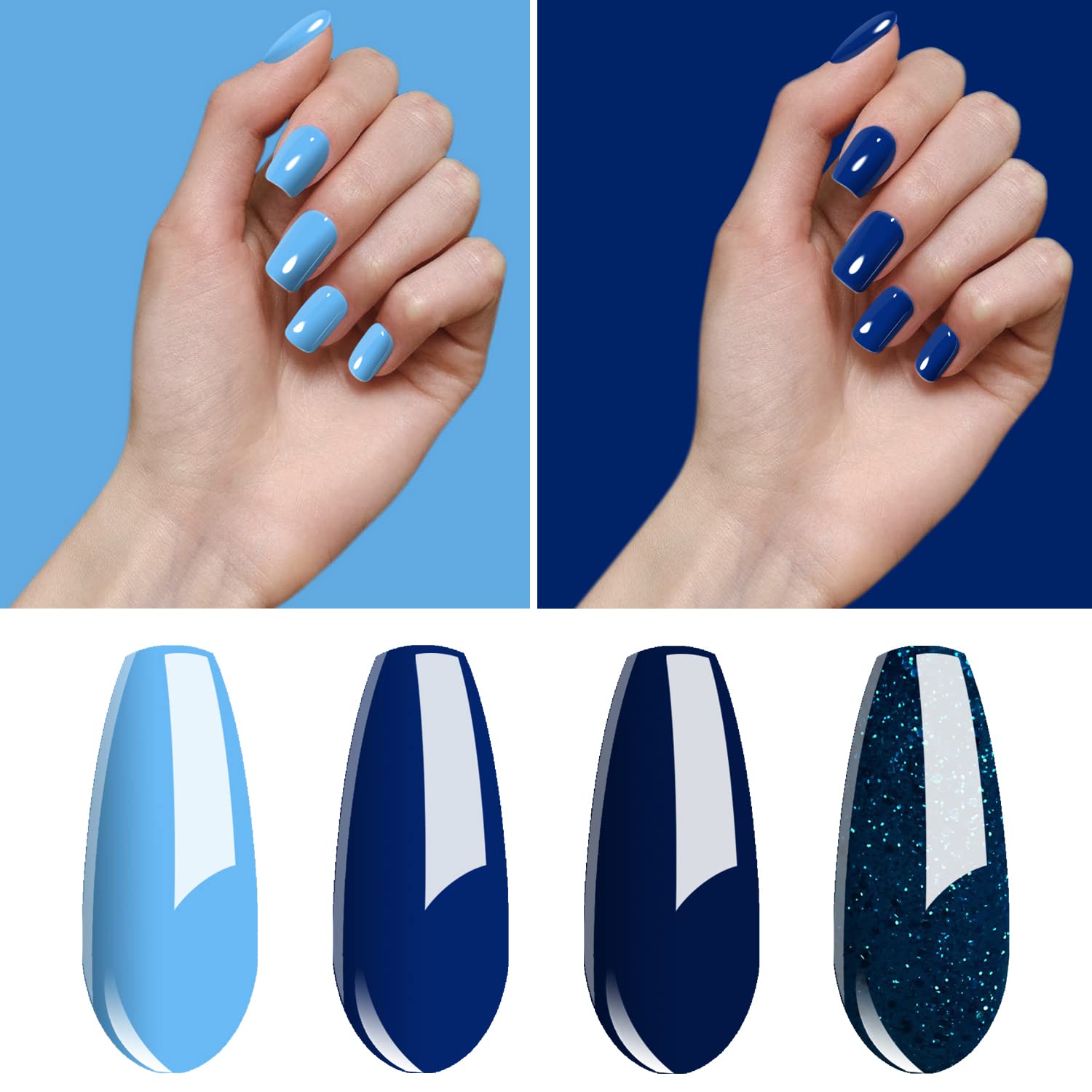 Vishine 4Pcs Blue Gel Nail Polish Kit - Aquarius Holy Water Collection, Baby Blue Navy Blue Shimmer Glitter Colors for Nail Art | Perfect for Girls, Women, DIY Manicures at Home, Salon & Party Nails