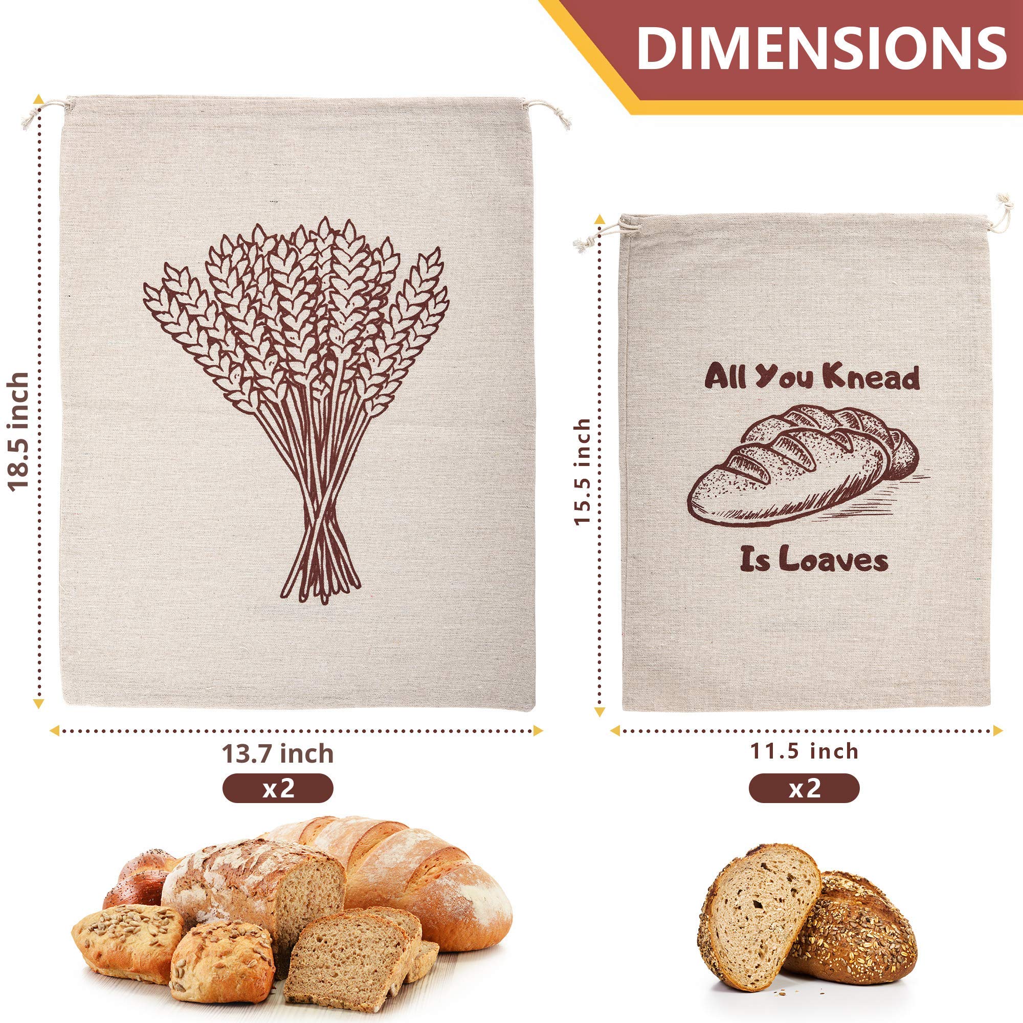 Organic Linen Bread Bags - Set of 4 Large & XL Unbleached Reusable Drawstring Bags for Homemade Artisan Bread, Loaf Storage & Food Preservation | Perfect Eco-Friendly Gift for Bakers & Kitchen Use for Picnics, Farmers Markets & Home Baking