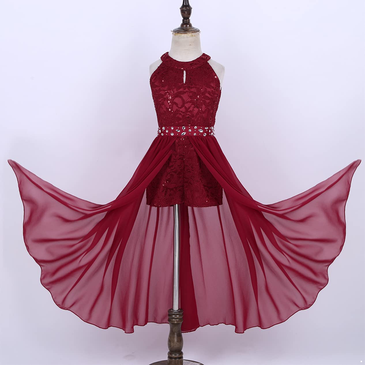 Girls Floral Lace Rhinestone Chiffon Dress - High Low Hem Princess Party Gown for Birthday, Formal Occasions & Special Events - Perfect for Weddings, Pageants, Photo Shoots & Holiday Celebrations