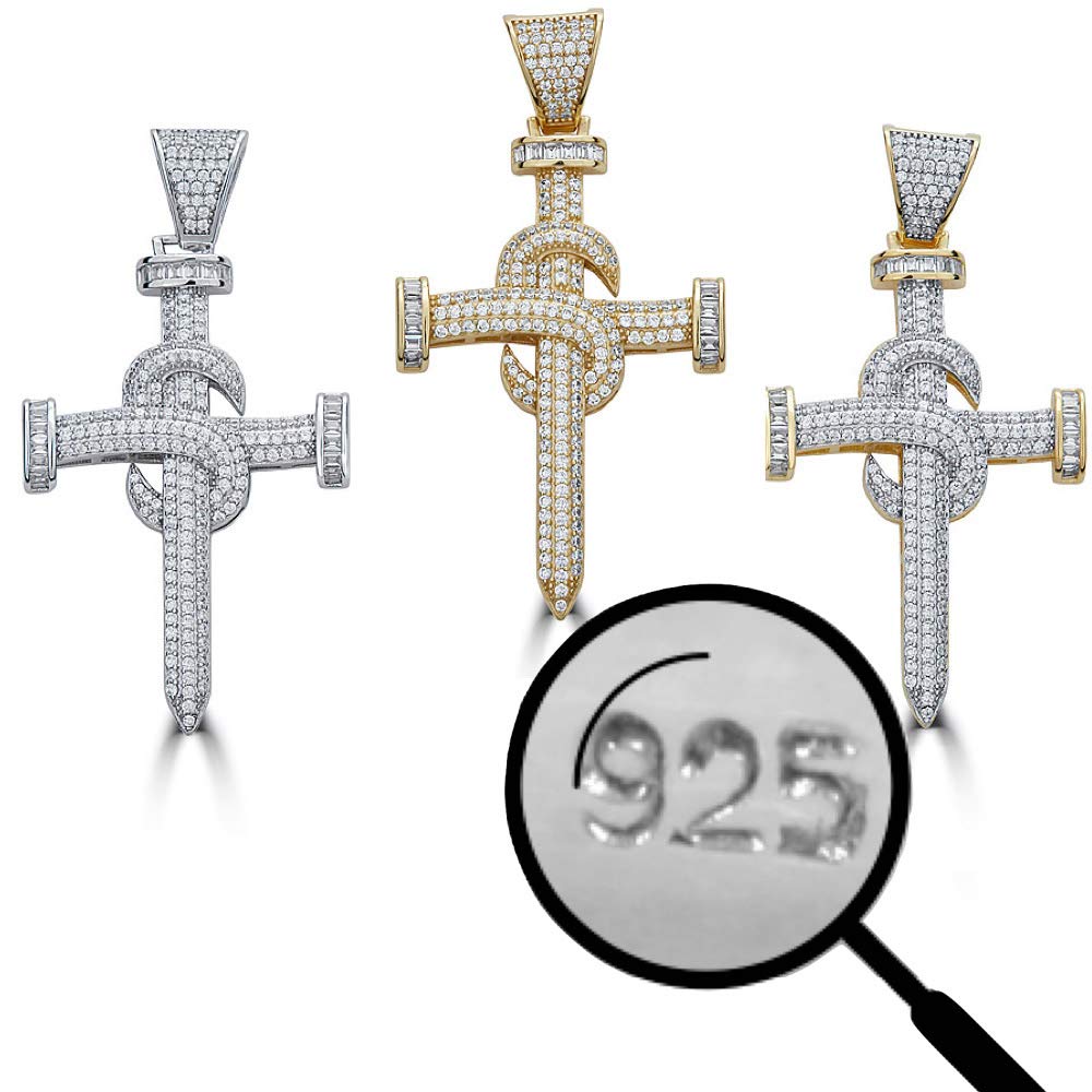 HarlemBling 925 Sterling Silver Iced Nail Cross Pendant for Men - Icy Baguette CZ Jewelry - Perfect for Hip Hop Chains & Streetwear Fashion Accessories