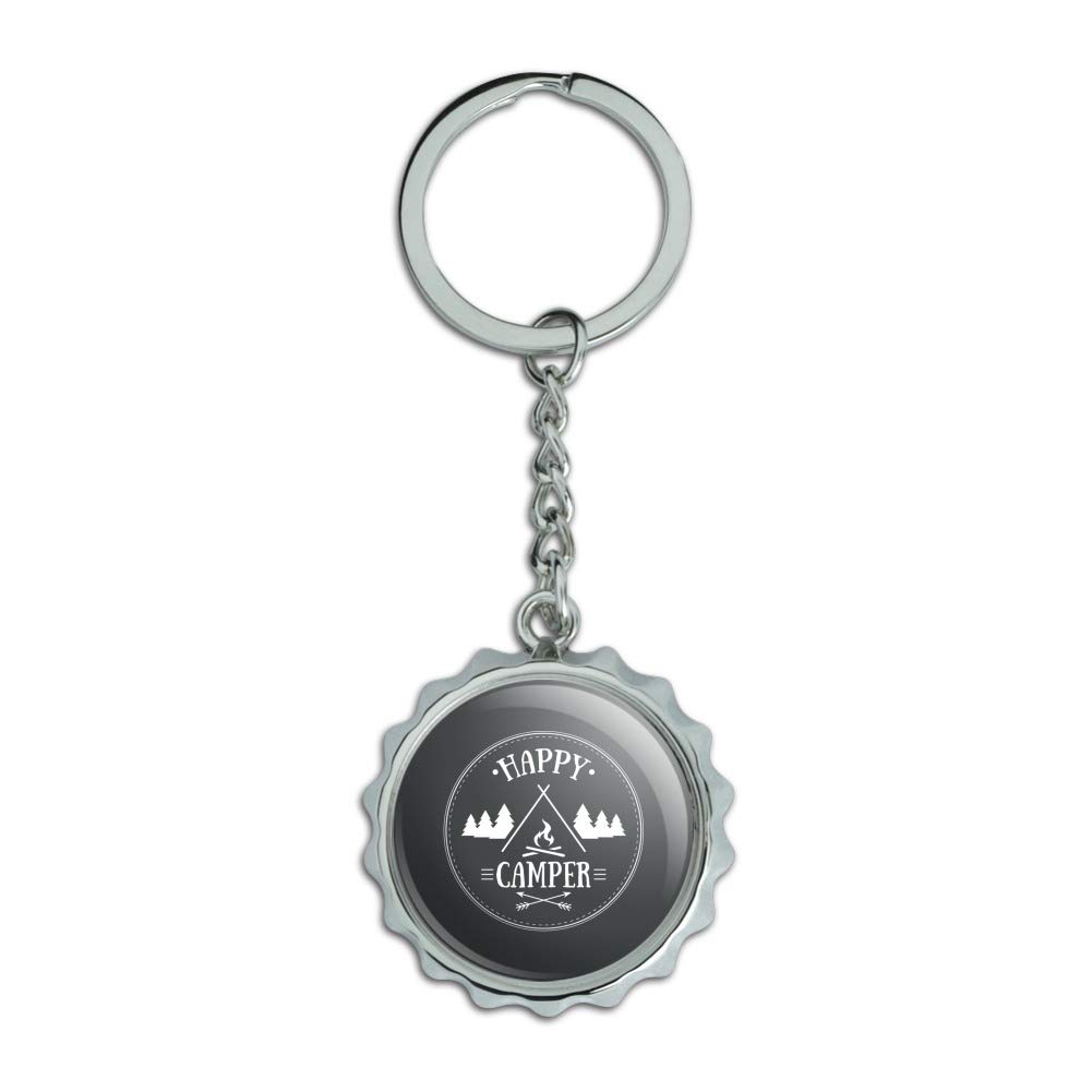 Happy Camper with Campfire Keychain - Chrome Plated Metal Bottle Opener for Beer & Soda - Perfect for Camping, Hiking, Travel & Outdoor Adventures