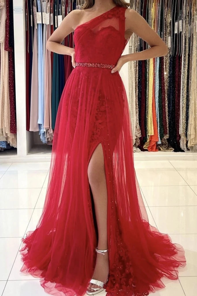 Elegant Red Lace Tulle Prom Dress with One Shoulder & Mermaid Silhouette - Sparkling Sequin Belt for Homecoming, Evening Gala & Special Occasions