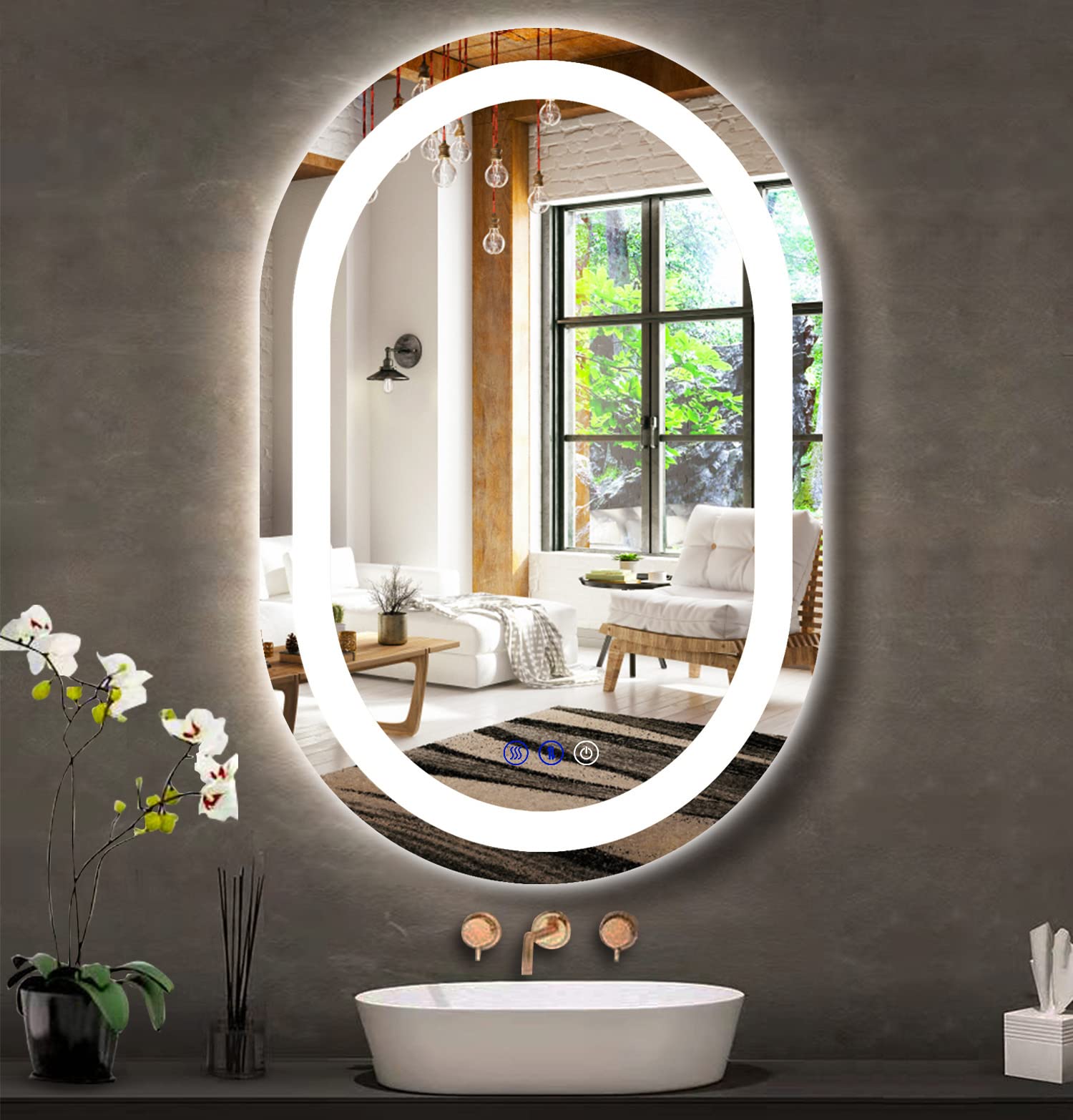 24 x 16 Inch Anti-Fog LED Bathroom Vanity Mirror with Dimmable 3-Color Lights - Smart Oval Wall Mounted Makeup Mirror for Home & Salon Use