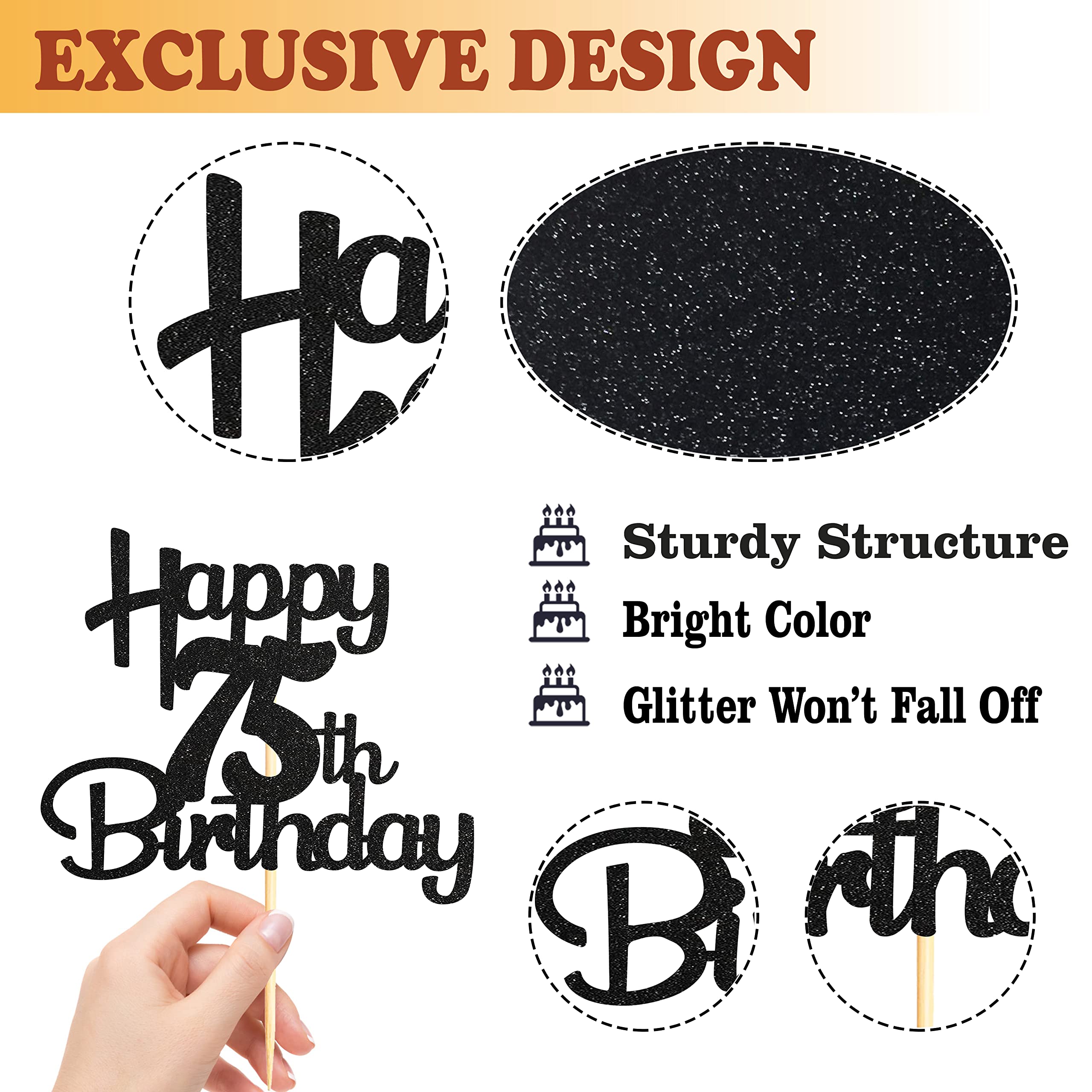 Black Glitter 75th Birthday Cake Topper - Cheers to 75 Fabulous Years - 1 Pack - Perfect for Milestone Birthday Cakes, Retirement Parties & Anniversary Celebrations