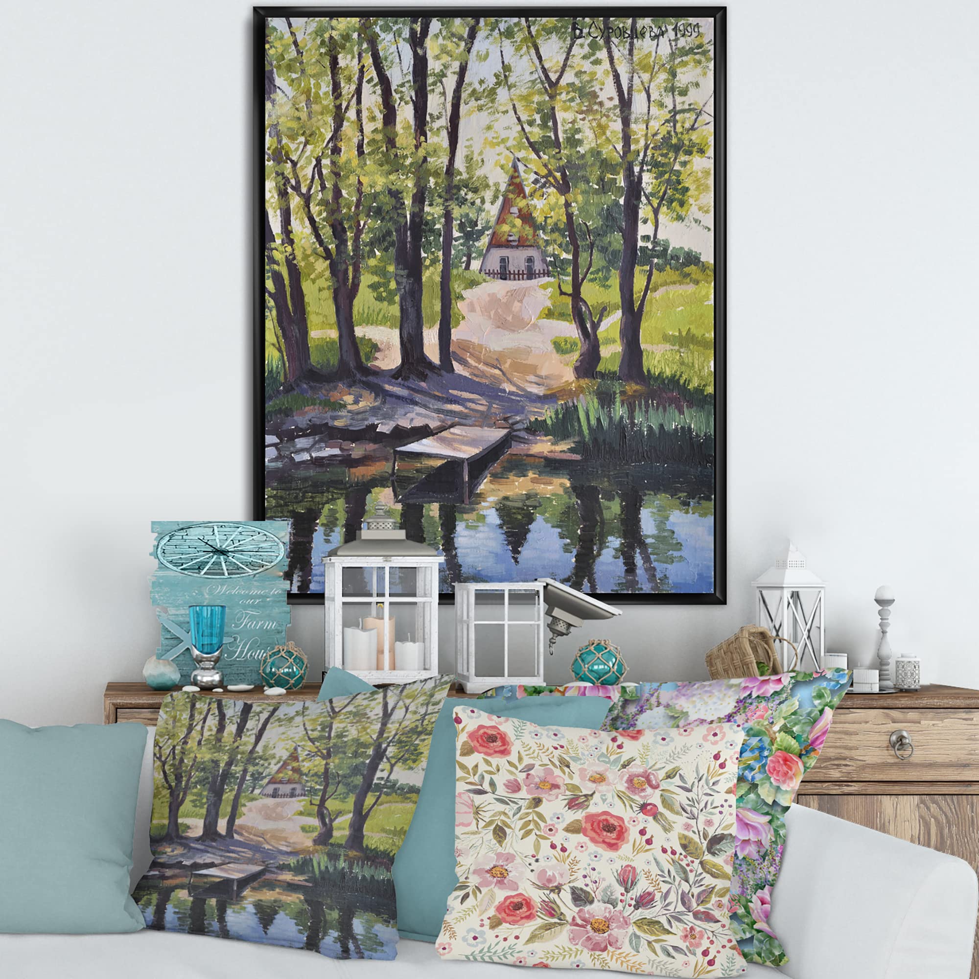 Mysterious Lake House By The River Framed Canvas Wall Art - Woods Landscape Painting for Living Room, Bedroom & Office Decor