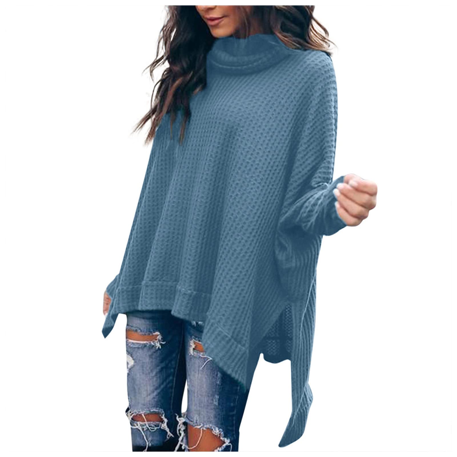 Women's Oversized Waffle Knit Turtleneck Sweater - Batwing Sleeve High-Low Hem Pullover with Side Slits | Loose Fit Tunic Top for Fall Winter Layering, Casual Outfits & Office Wear