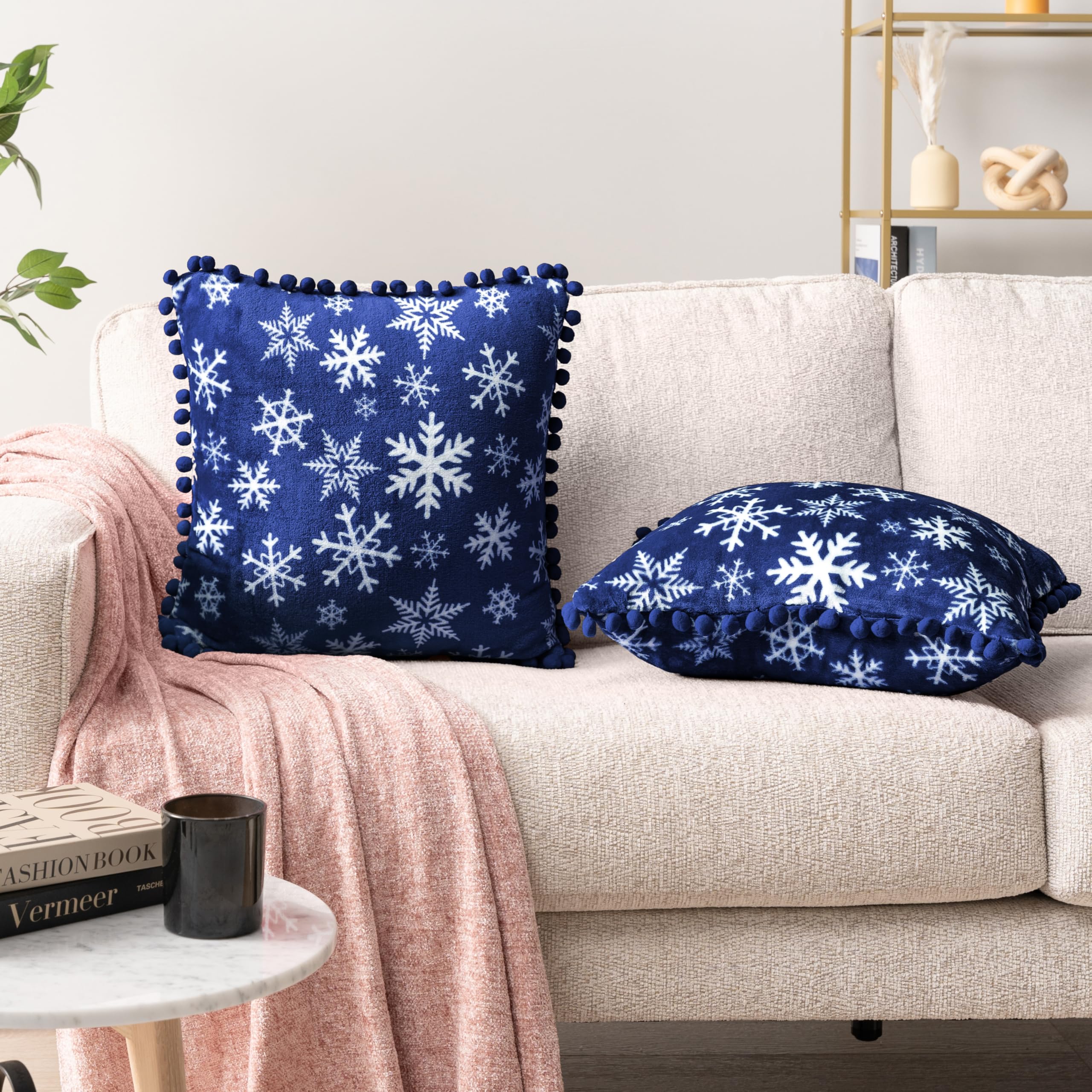 PAVILIA 18x18 Inch Blue Snowflake Throw Pillow Covers Set of 2 - Velvet Plush Pom Pom Decorative Cushion Covers for Sofa, Couch, Bed - Christmas Winter Holiday Home Decor for Living Room, Bedroom