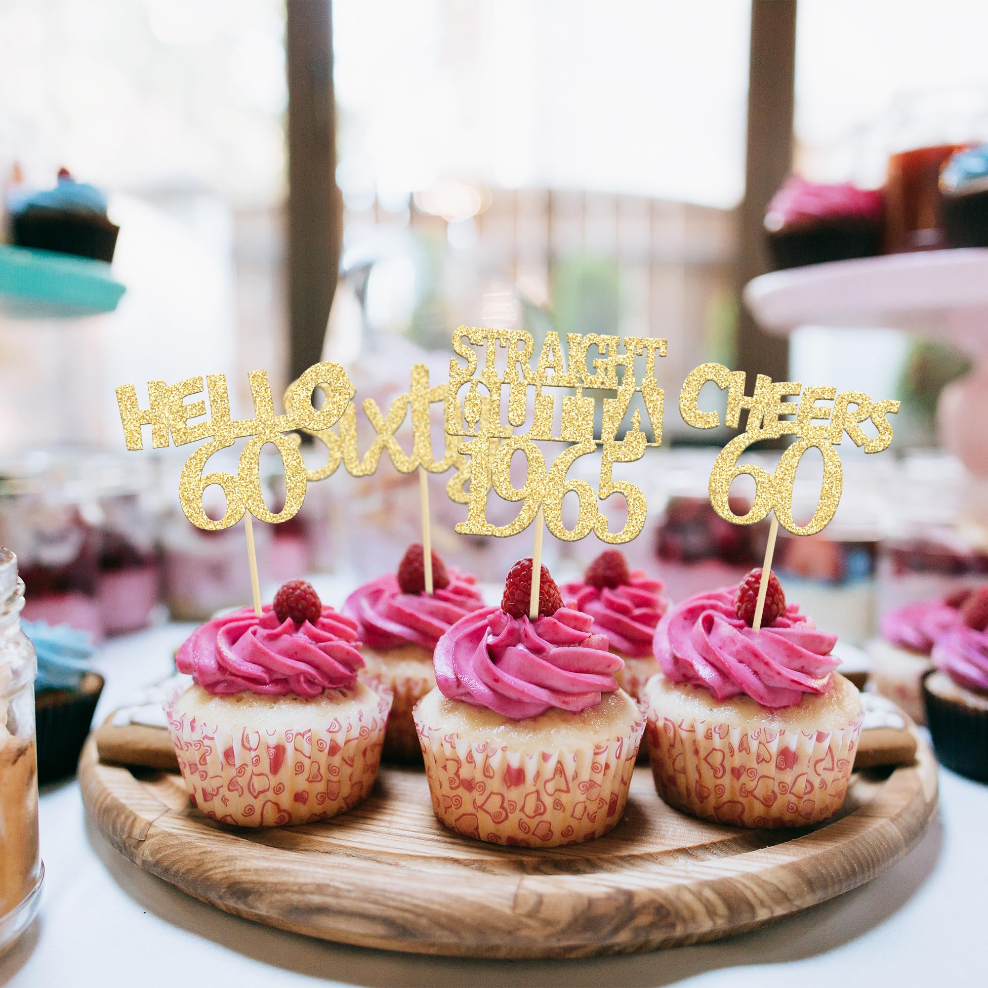 24 Pack Gold Glitter 60th Birthday Cupcake Toppers - Sixty Straight Outta 1965, Hello 60 Cake Decorations for Anniversary Parties, Cheers to 60 Years - Perfect for Milestone Celebrations & Retirement Parties