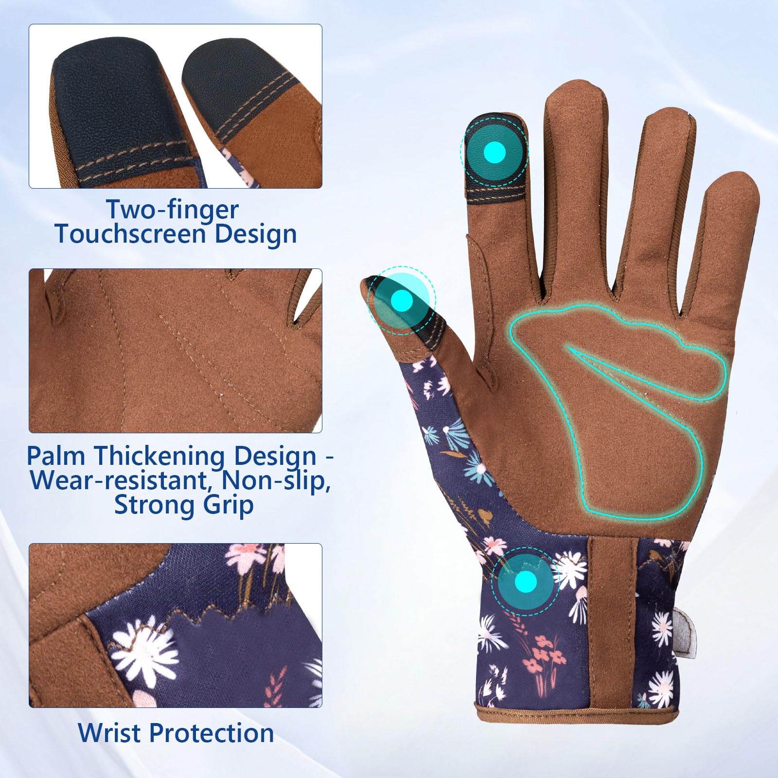 Velway Women's Gardening Gloves - Breathable Flexible Work Gloves with Touchscreen Fingertips for Weeding, Planting, Pruning - Dark Blue, Large - Perfect for Outdoor Garden Work, Landscaping & Farm Use