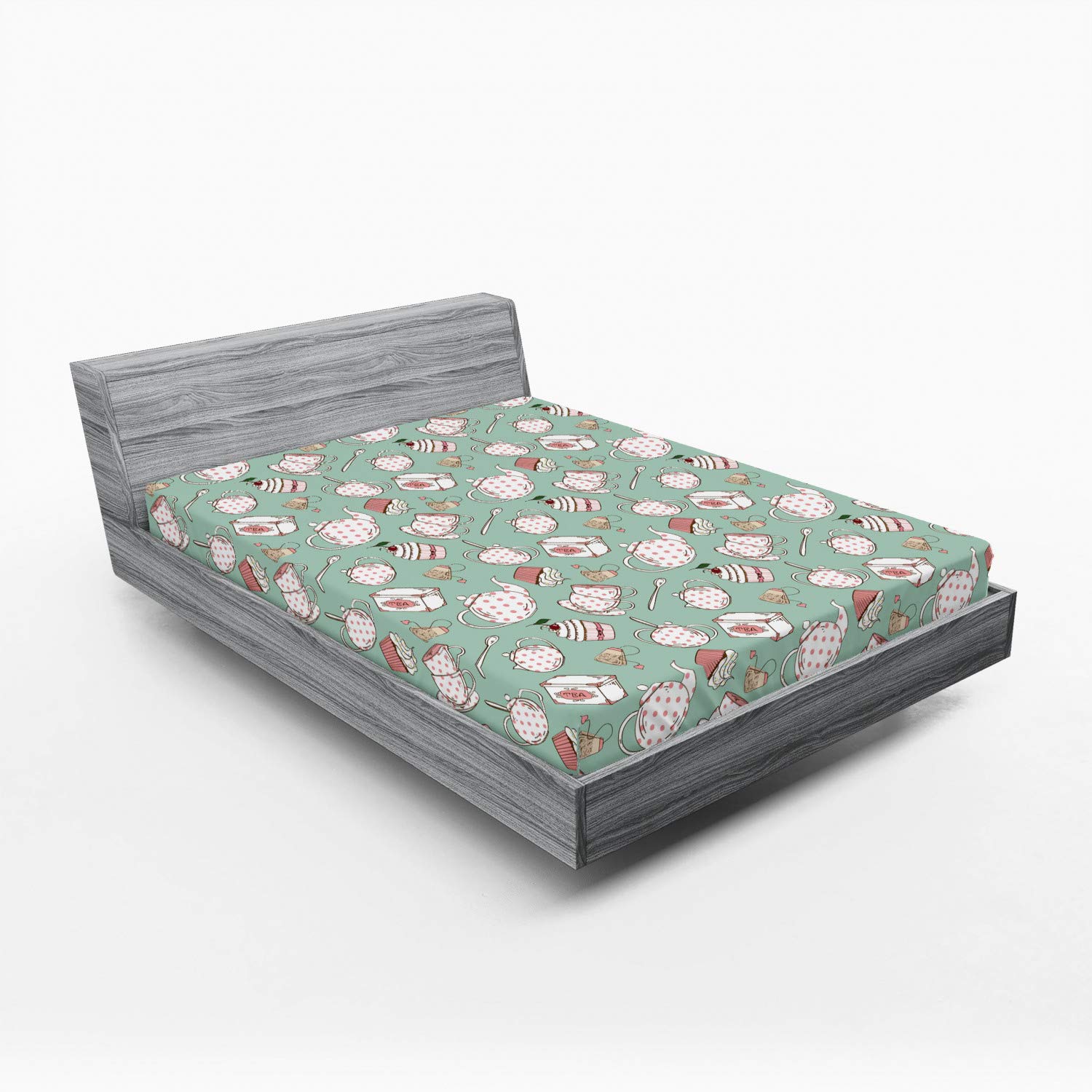 Ambesonne Tea Party Fitted Sheet - Polka Dot Teapot & Cupcake Design with Cherry & Teabag - Full Size Deep Pocket Elastic Bed Cover - Almond Green Coral - Perfect for Themed Bedrooms, Guest Rooms & Tea Lover Decor
