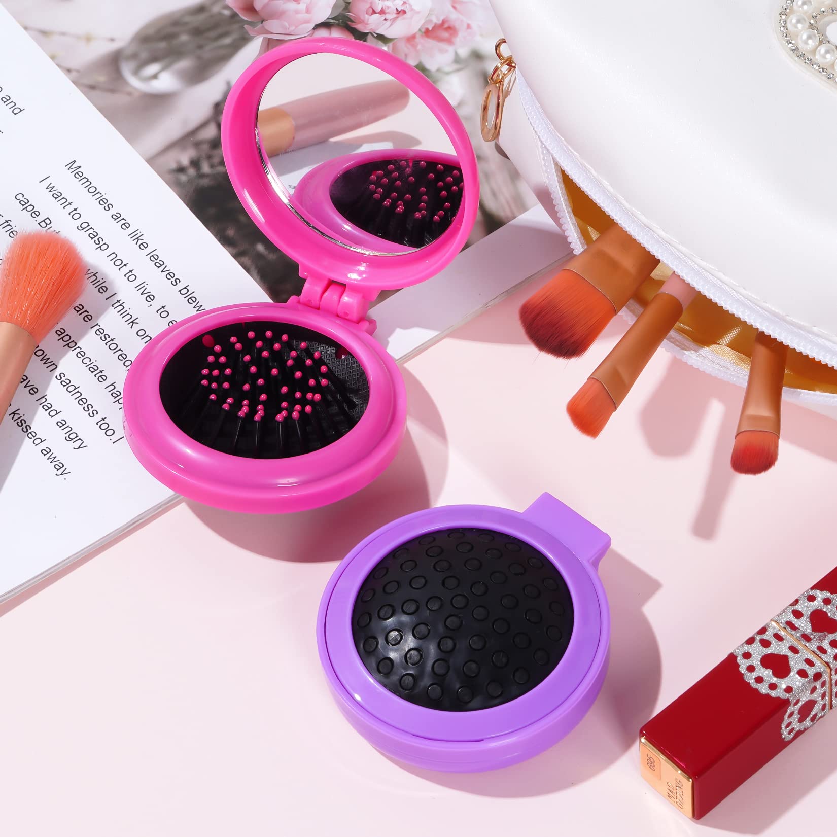 2pcs Portable Folding Hair Brush with Mirror for Travel - Compact for Wet/Dry Hair, Perfect for Women & Girls On-the-Go