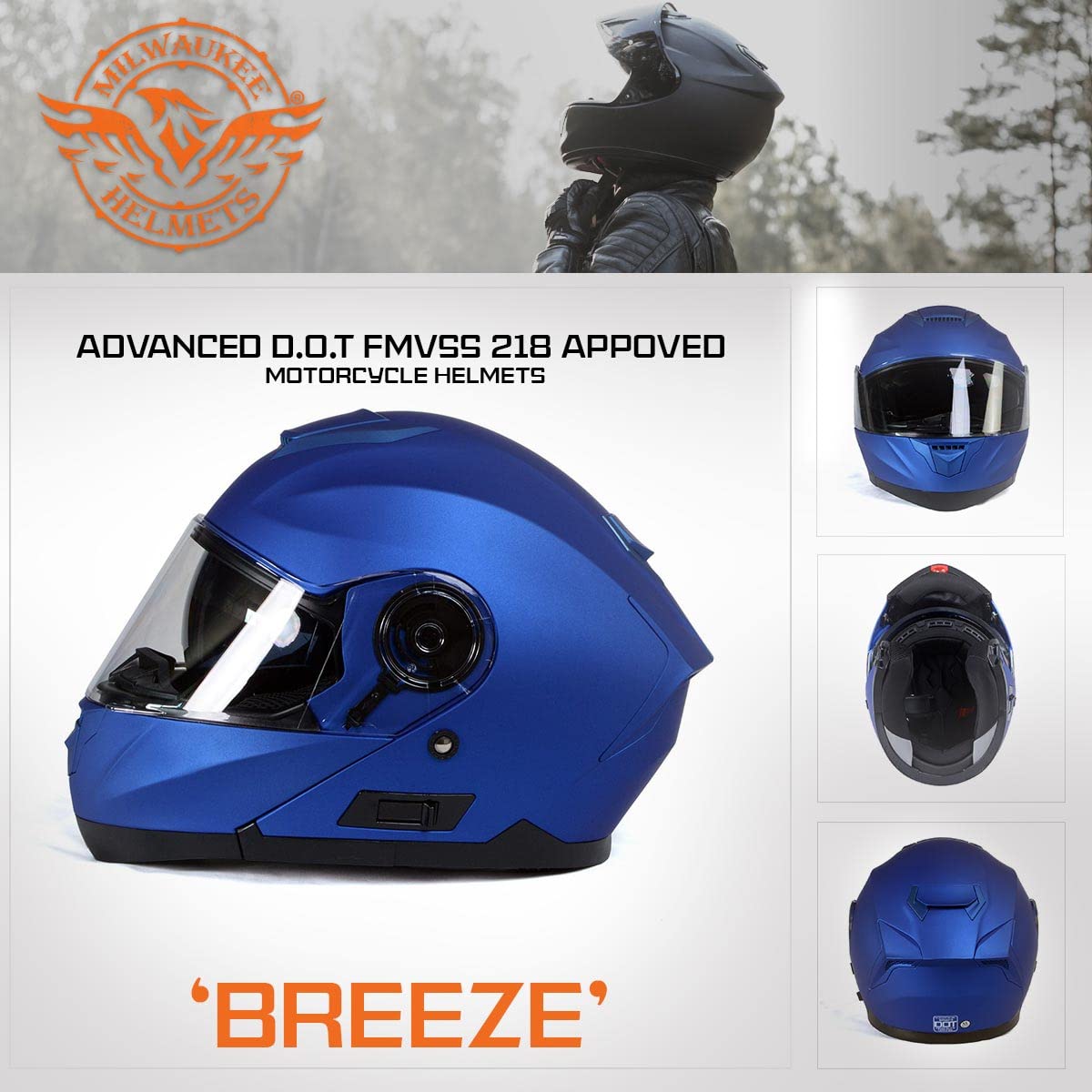 Milwaukee MPH9818DOT Breeze Blue DOT Certified Modular Motorcycle Helmet with Drop-Down Sun Visor - Large Size for Comfortable Riding | Perfect for Touring, Commuting & Adventure Biking