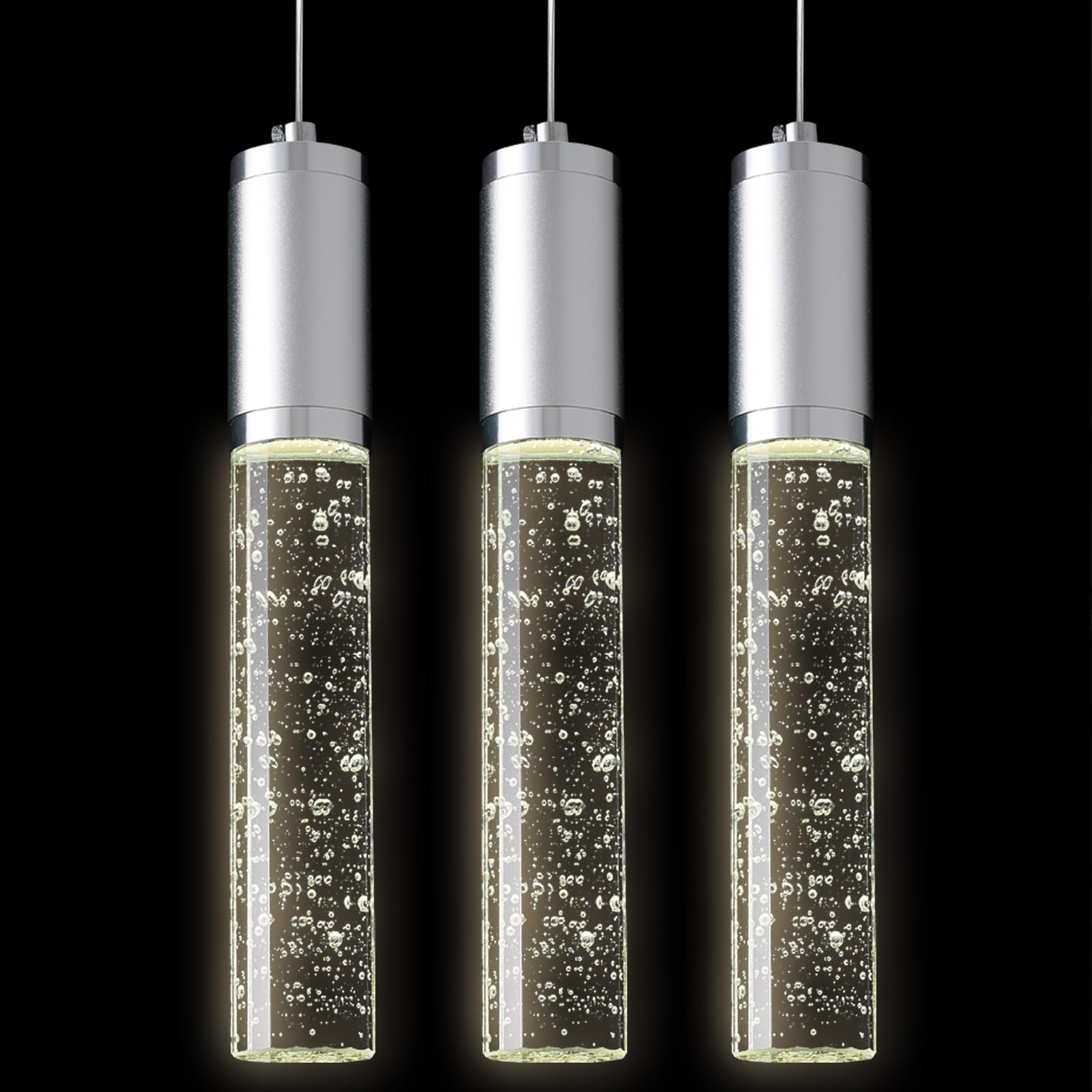 3 Pack Silver Modern Crystal Pendant Lights for Kitchen Island - Dimmable Hanging Light Fixtures for Dining Room, Bar, Restaurant & Cafe Decor