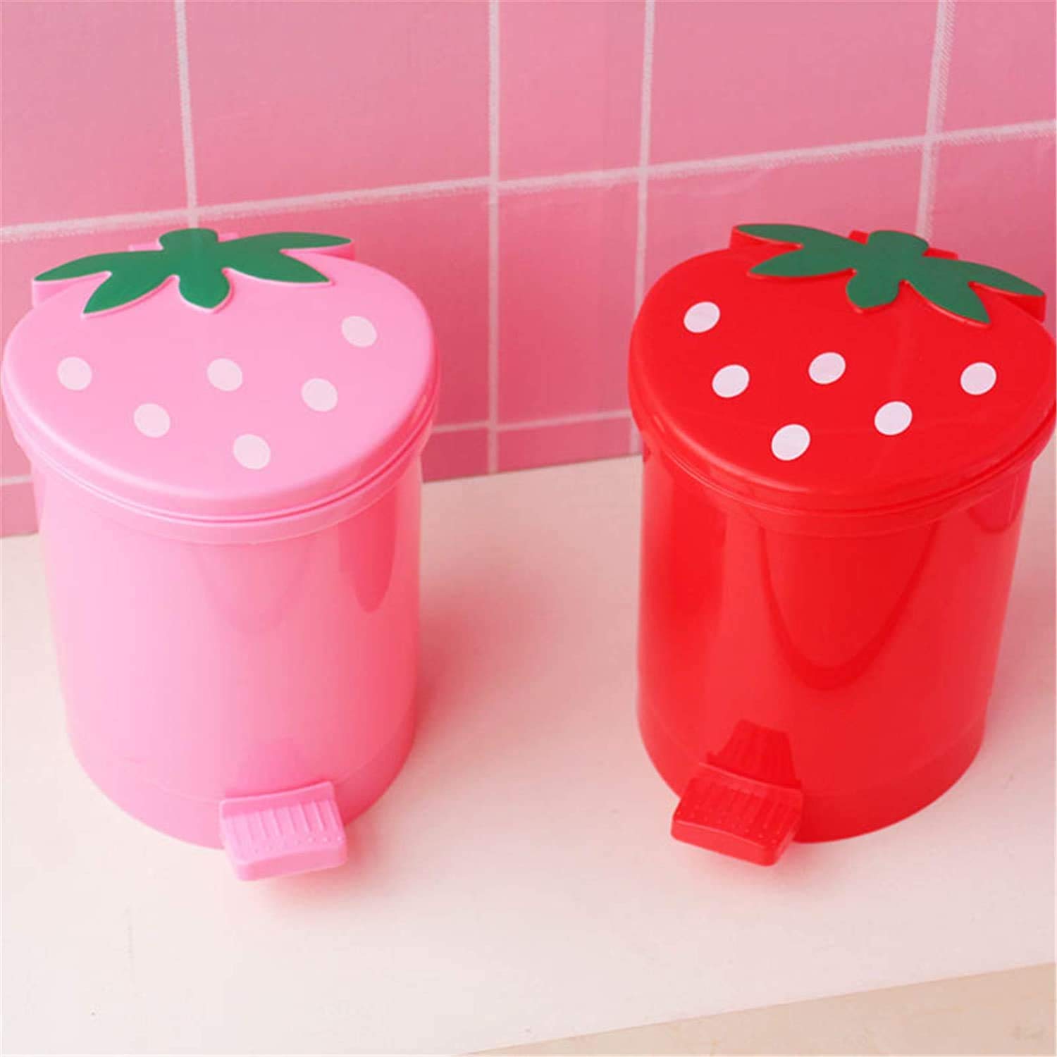 Cute Strawberry Shaped Trash Can with Lid - Small Plastic Garbage Bin for Bedroom, Office & Desk - Includes 5 Rolls of Kawaii Trash Bags - Perfect for Home, Dorm & Gift Giving
