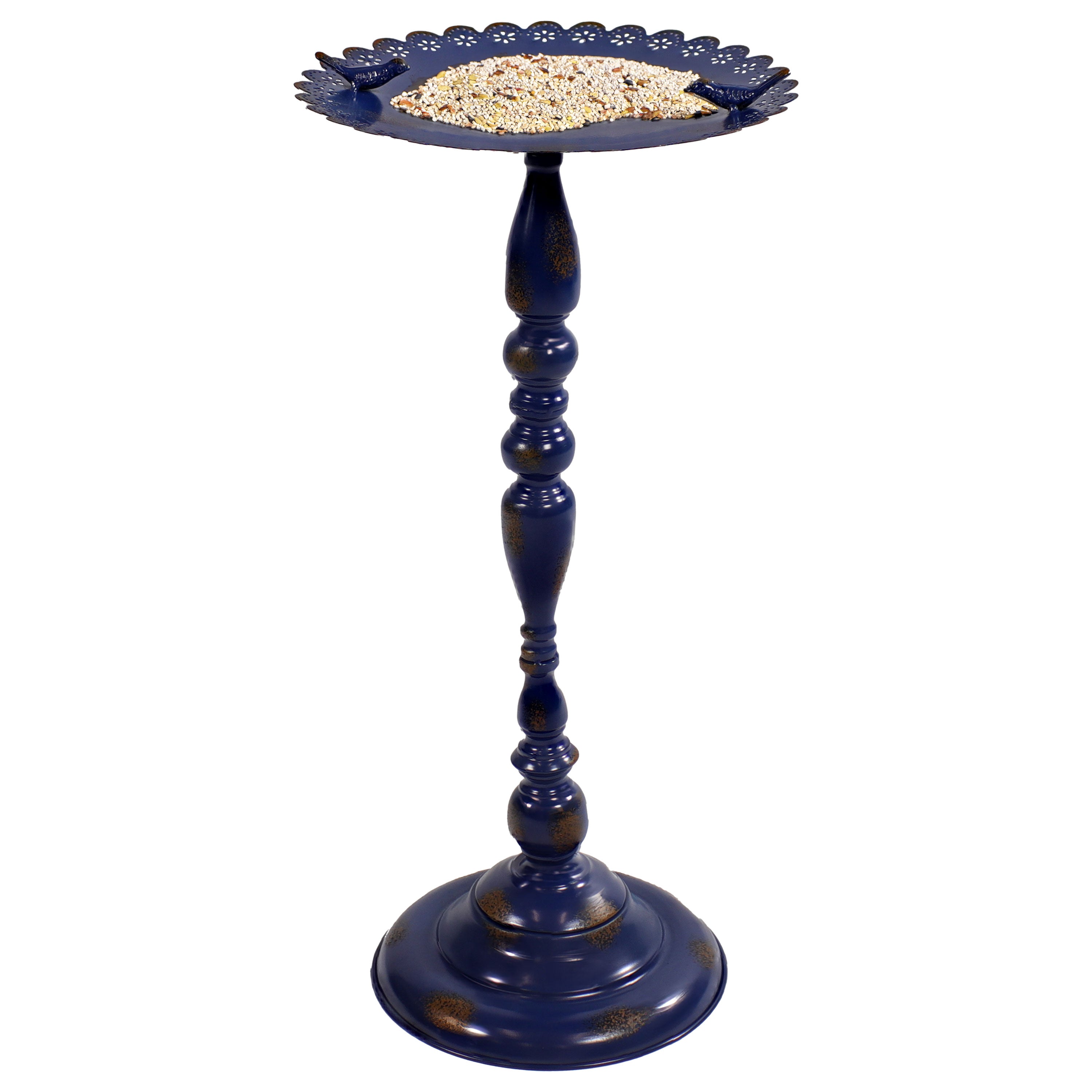 Sunnydaze Feathered Friends Iron Pedestal Bird Feeder - 26 Inch Height, Blue - Perfect for Garden, Patio, Backyard Bird Watching & Outdoor Decoration