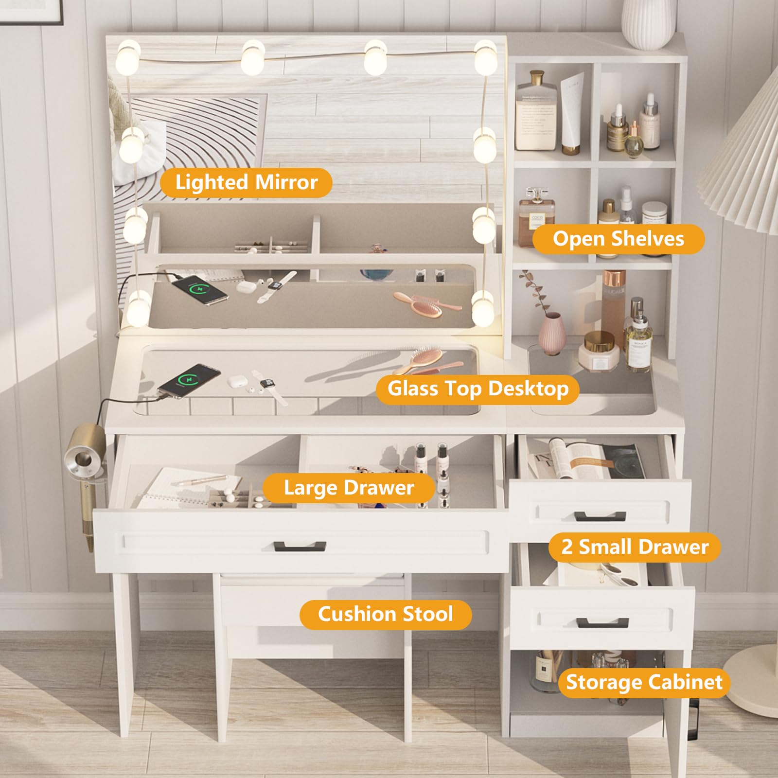 Fameill White Vanity Desk with Lighted Mirror, Power Strip & Hair Dryer Stand - Large Makeup Table with Glass Top, 3 Drawers & Ample Storage - 3 Lighting Modes for Perfect Beauty Setup - Ideal for Bedroom, Dressing Room & Home Salon