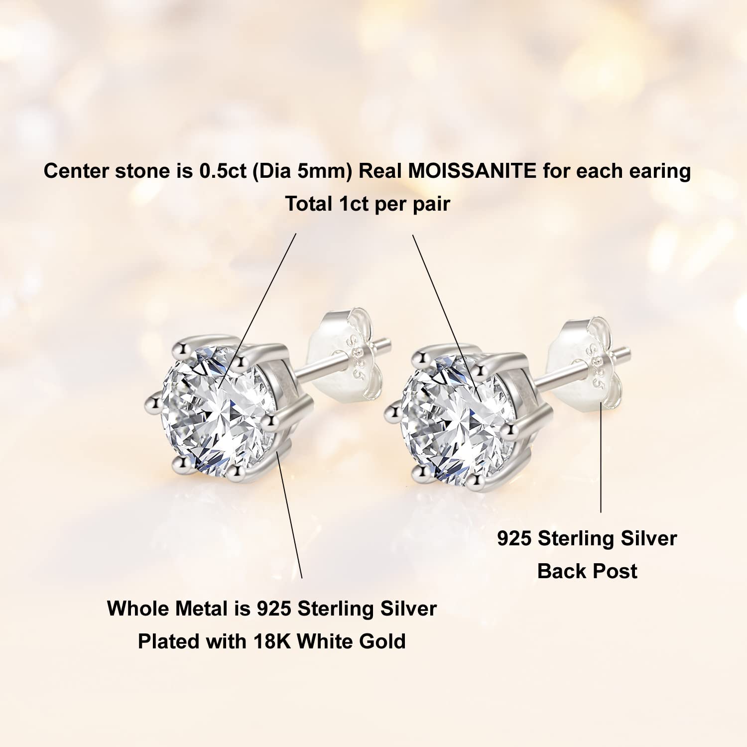 1CT C6P Moissanite Stud Earrings & 2CT Moissanite Big3 Ring Set - Sparkling Wedding, Anniversary, Engagement Jewelry Gift for Women