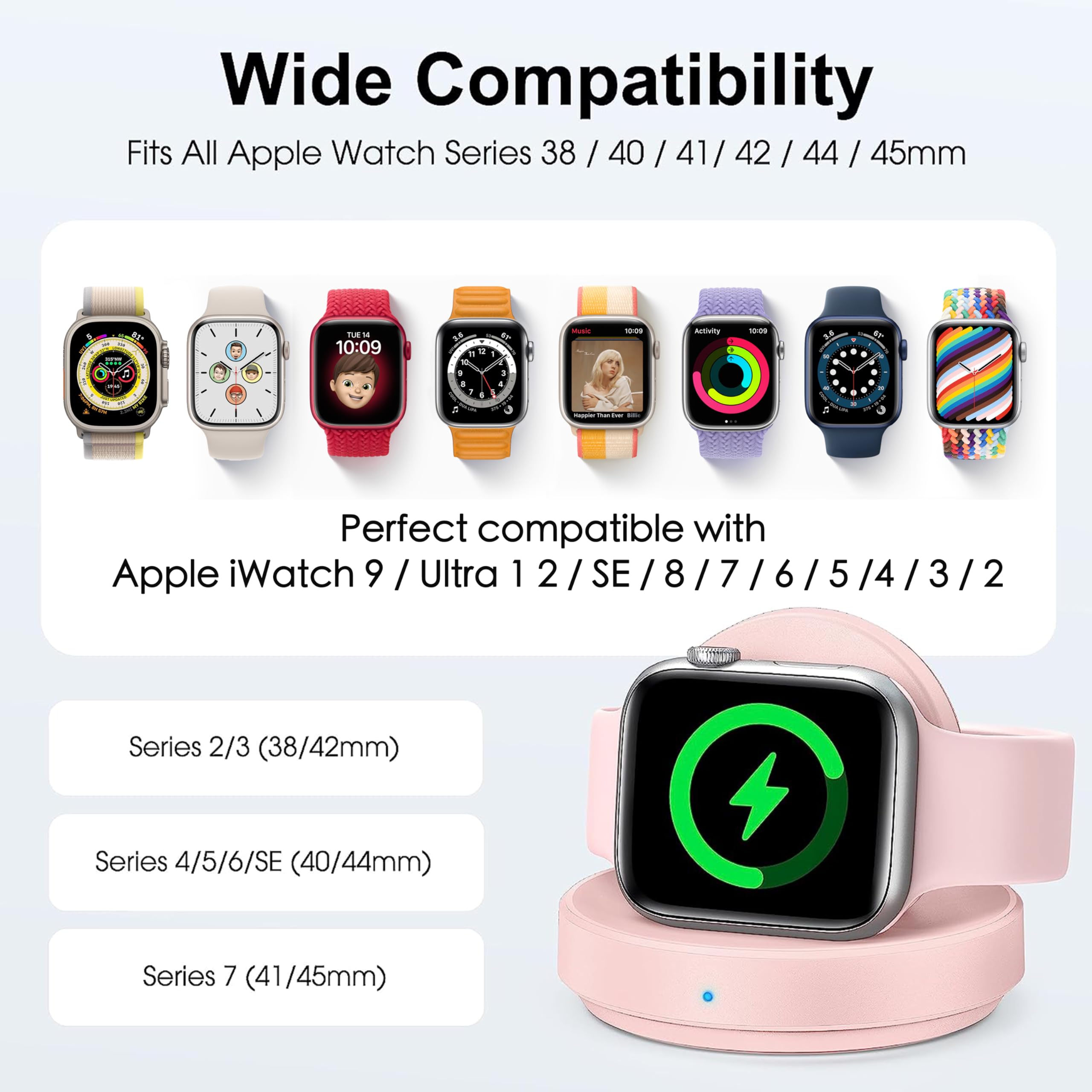 Apple Watch Charger Stand - Magnetic Wireless Charging Dock Compatible with iWatch Series Ultra/10/9/8/7/SE/6/5/4/3/2, Portable Watch Charger with Cable - Pink | Perfect for Nightstand, Office Desk & Travel Use