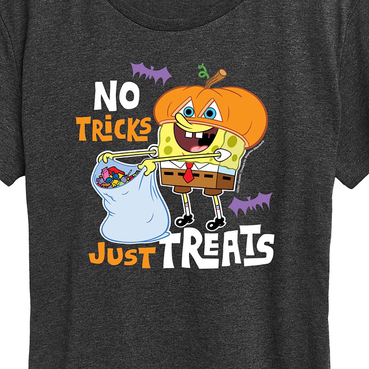 HYBRID APPAREL Women's Spongebob Squarepants No Tricks Just Treats Graphic T-Shirt - Short Sleeve Casual Tee for Halloween, Cosplay & Everyday Wear