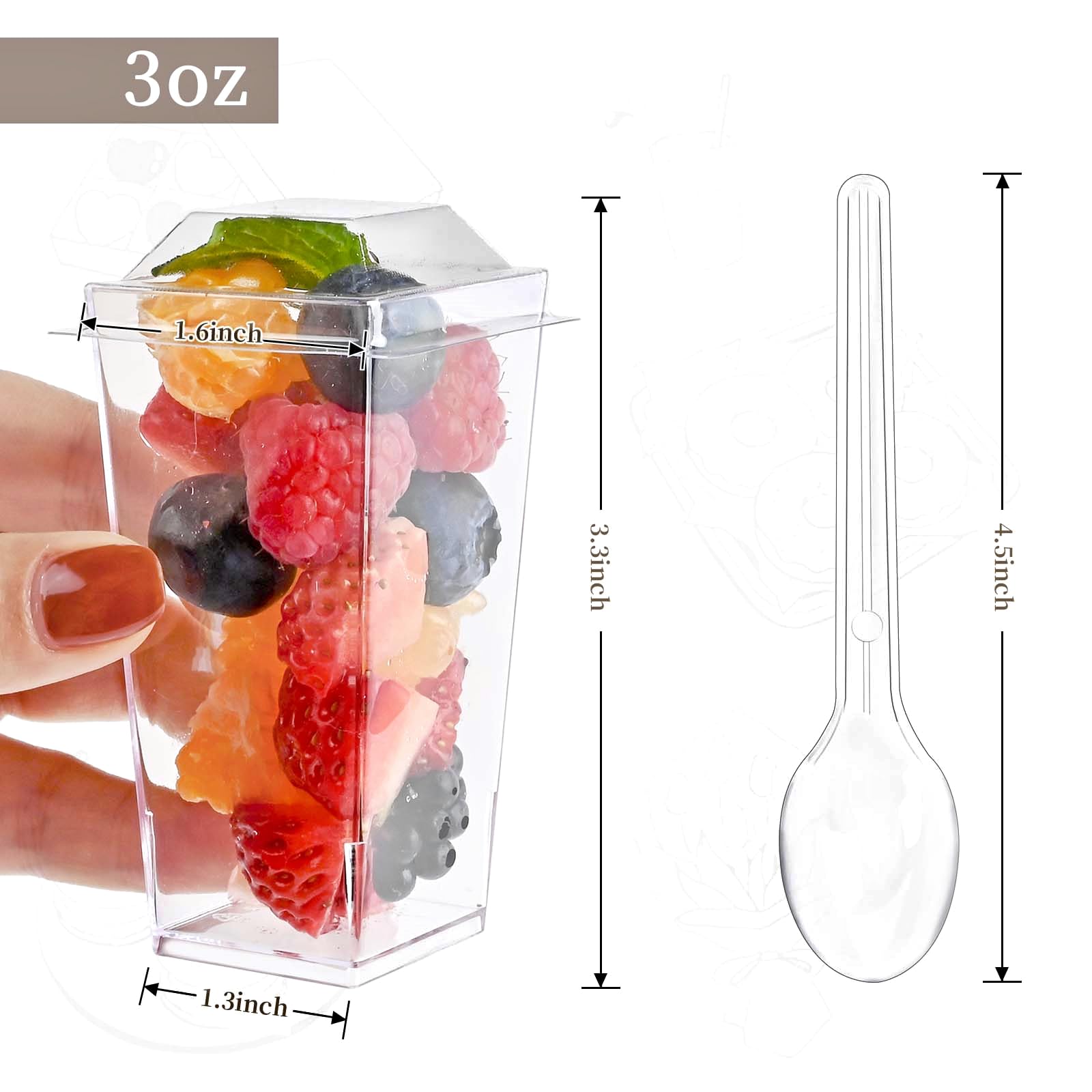 TOFLEN 50 Pack 3 oz Clear Plastic Square Mini Dessert Cups with Lids & Spoons - Perfect for Party, Yogurt, Parfait, Cheesecake, Pudding, Jello & Appetizers | Great for Catering, Wedding Favors, Baby Showers & Dessert Bars