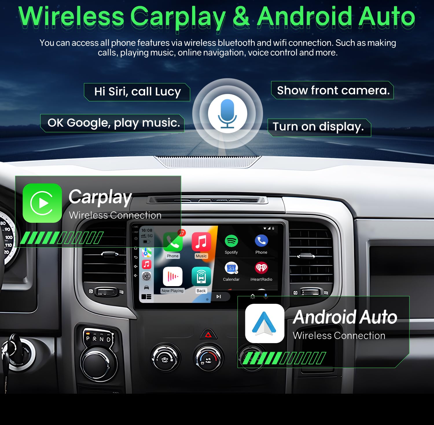 Dodge RAM Car Stereo Replacement Head Unit (2+64GB) for 2013-2018 1500/2500/3500 - Wireless CarPlay & Android Auto, 5G WiFi, Bluetooth, GPS, RDS, FM, Mirror Link & SWC - Perfect for Road Trips & Daily Commuting (Manual AC Only)
